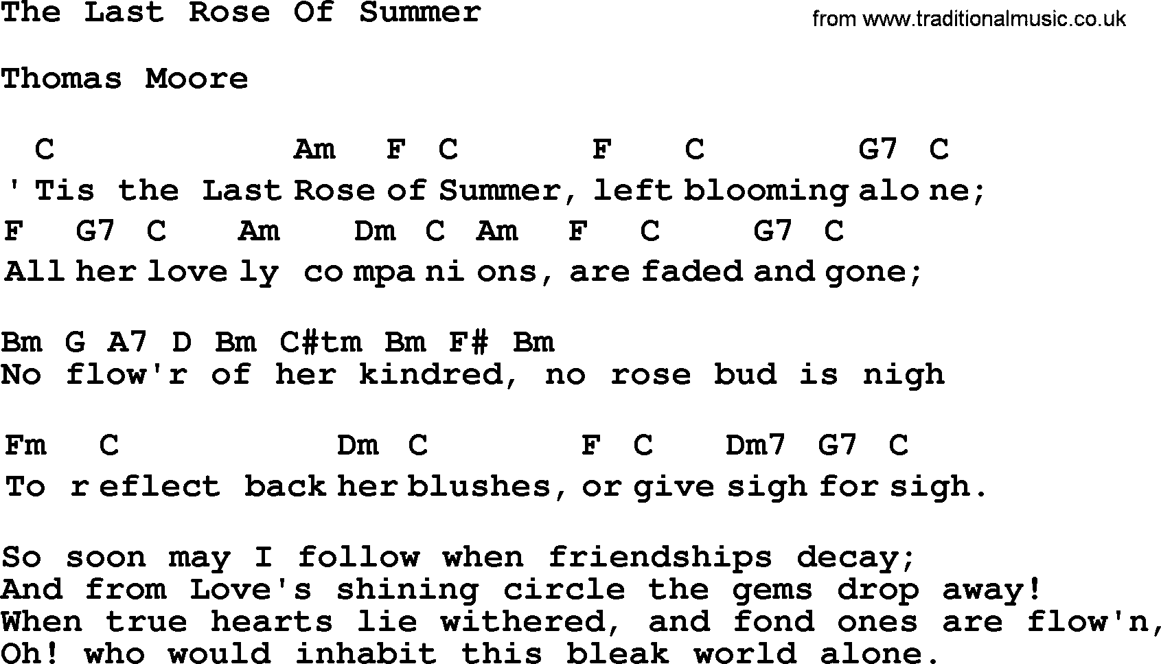 Top 1000 Most Popular Folk and Old-time Songs: Last Rose Of Summer, lyrics and chords