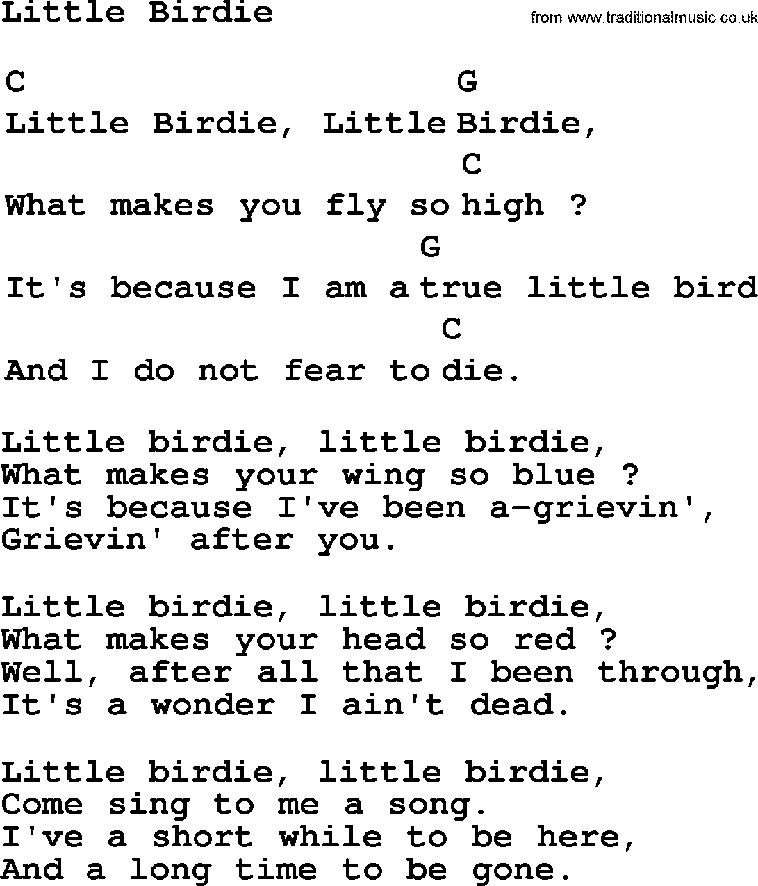 Top 1000 Most Popular Folk and Old-time Songs: Little Birdie, lyrics and chords