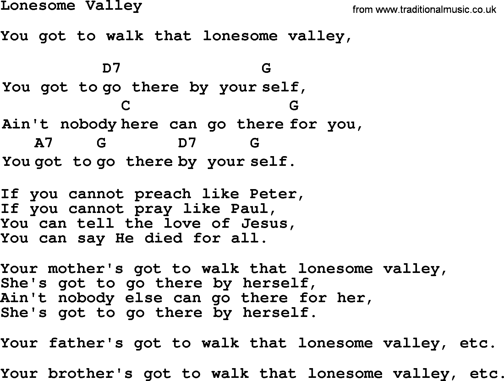 Top 1000 Most Popular Folk and Old-time Songs: Lonesome Valley, lyrics and chords