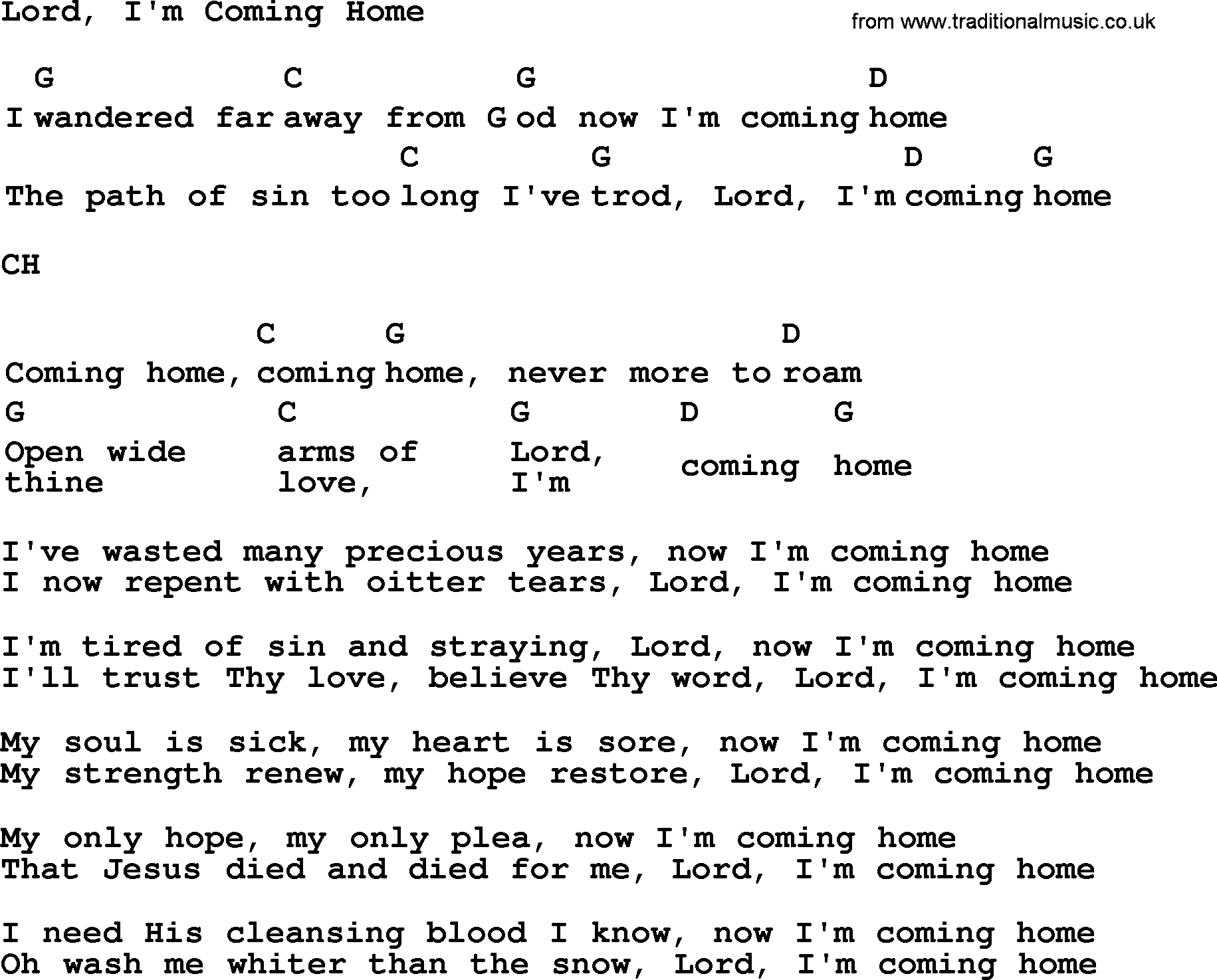 Top 1000 Most Popular Folk and Old-time Songs: Lord, Im Coming Home, lyrics and chords