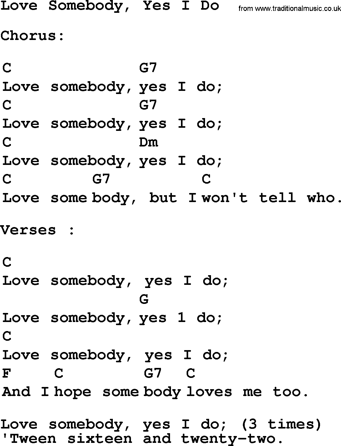 Top 1000 Most Popular Folk and Old-time Songs: Love Somebody, Yes I Do, lyrics and chords
