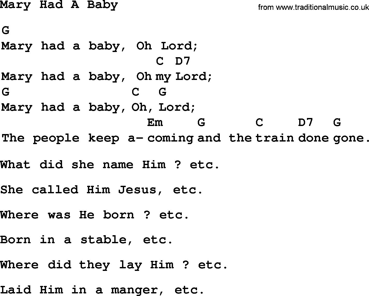 Top 1000 Most Popular Folk and Old-time Songs: Mary Had A Baby, lyrics and chords