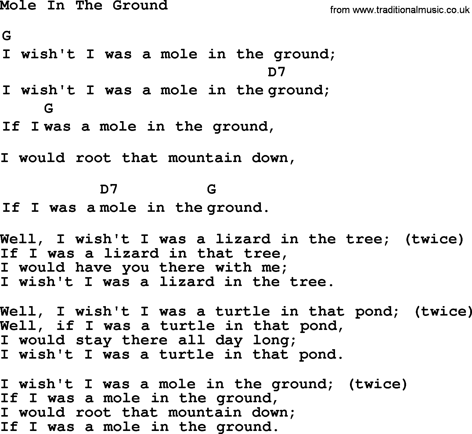Top 1000 Most Popular Folk and Old-time Songs: Mole In The Ground, lyrics and chords