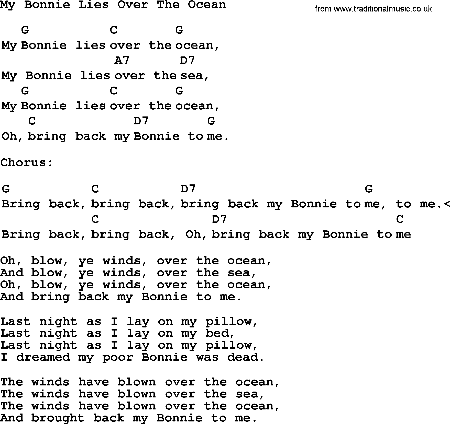 Top 1000 Most Popular Folk and Old-time Songs: My Bonnie Lies Over The Ocean, lyrics and chords