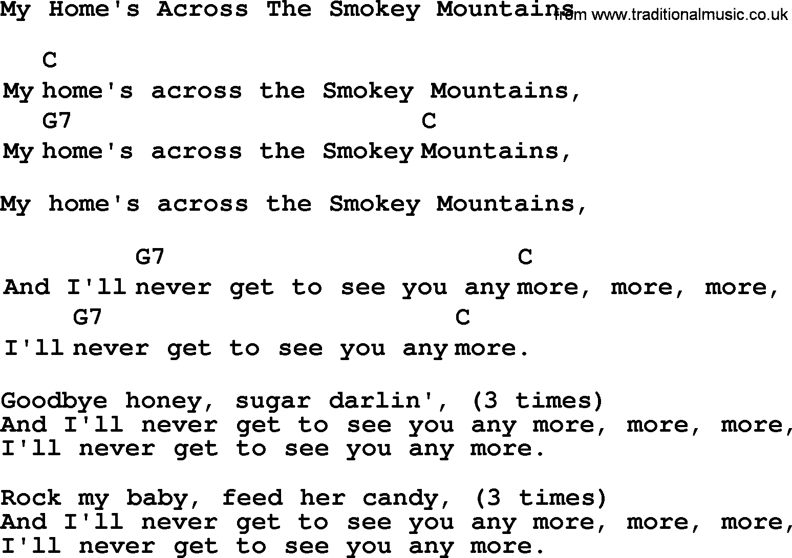 Top 1000 Most Popular Folk and Old-time Songs: My Homes Across The Smokey Mountains, lyrics and chords