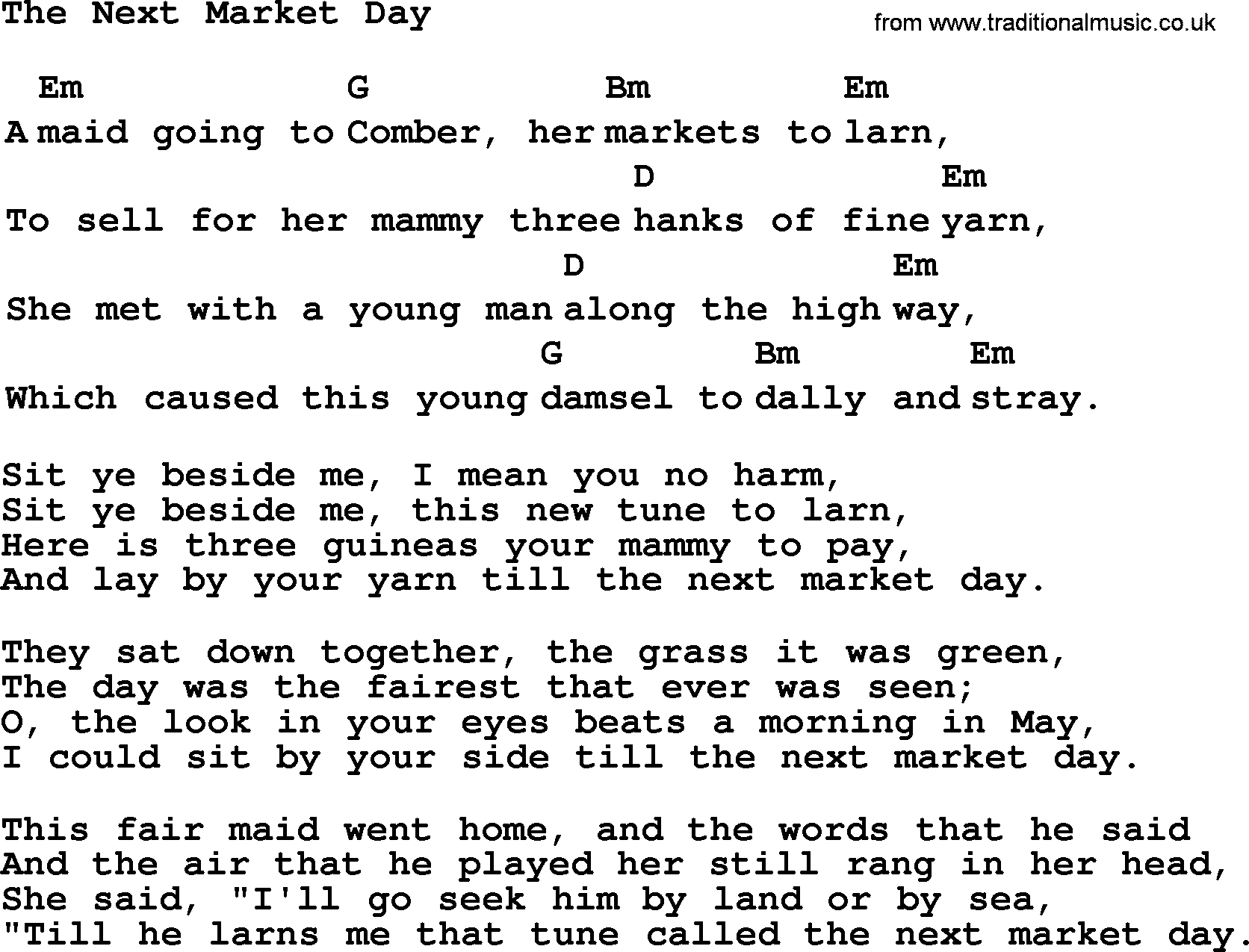 Top 1000 Most Popular Folk and Old-time Songs: Next Market Day, lyrics and chords