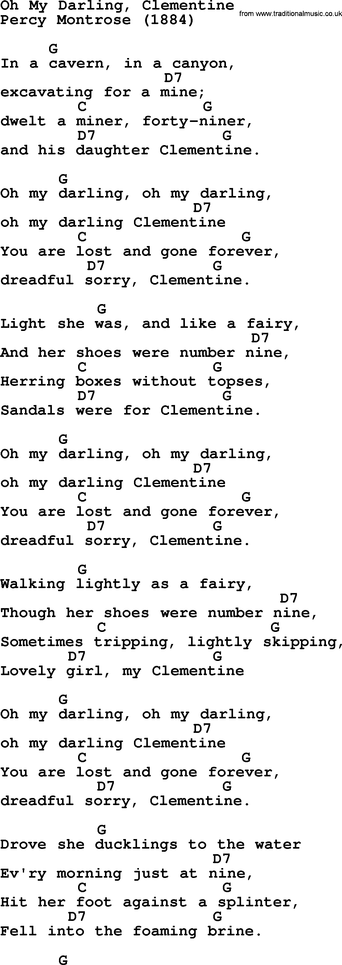 Top 1000 Folk And Old Time Songs Collection Oh My Darling Clementine Lyrics With Chords And Pdf