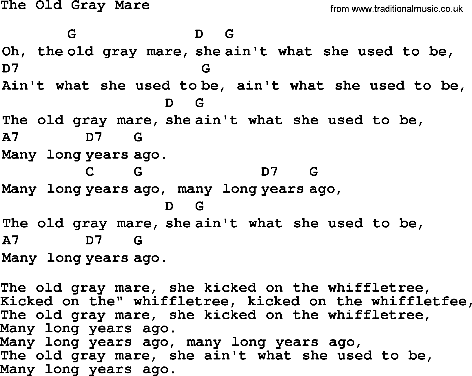 Top 1000 Most Popular Folk and Old-time Songs: Old Gray Mare, lyrics and chords