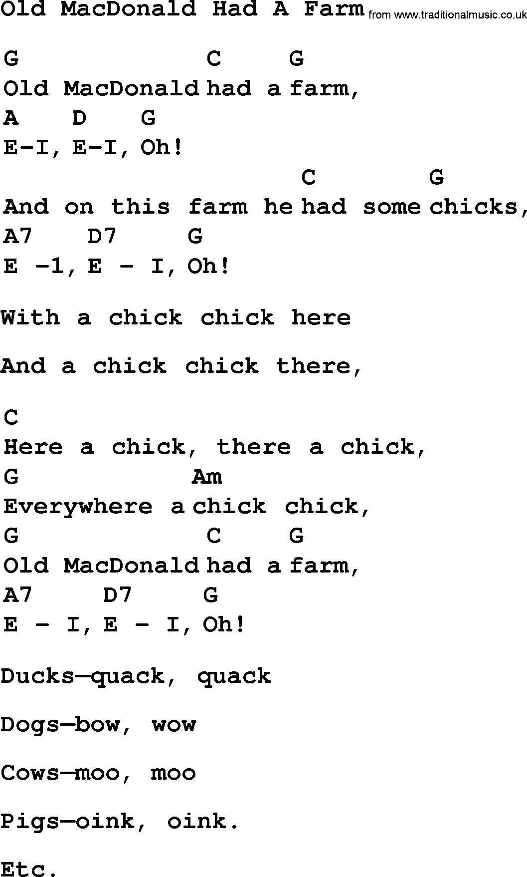 Top 1000 Most Popular Folk and Old-time Songs: Old MacDonald Had A Farm, lyrics and chords