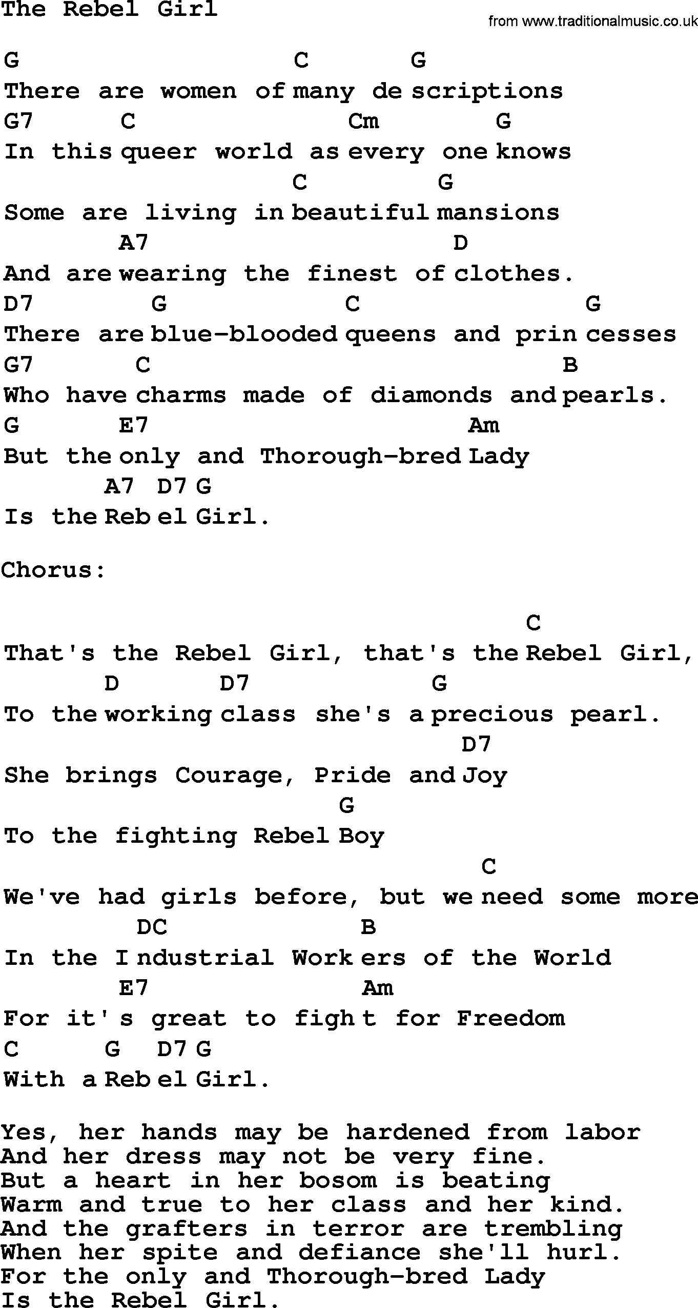 Top 1000 Most Popular Folk and Old-time Songs: Rebel Girl, lyrics and chords