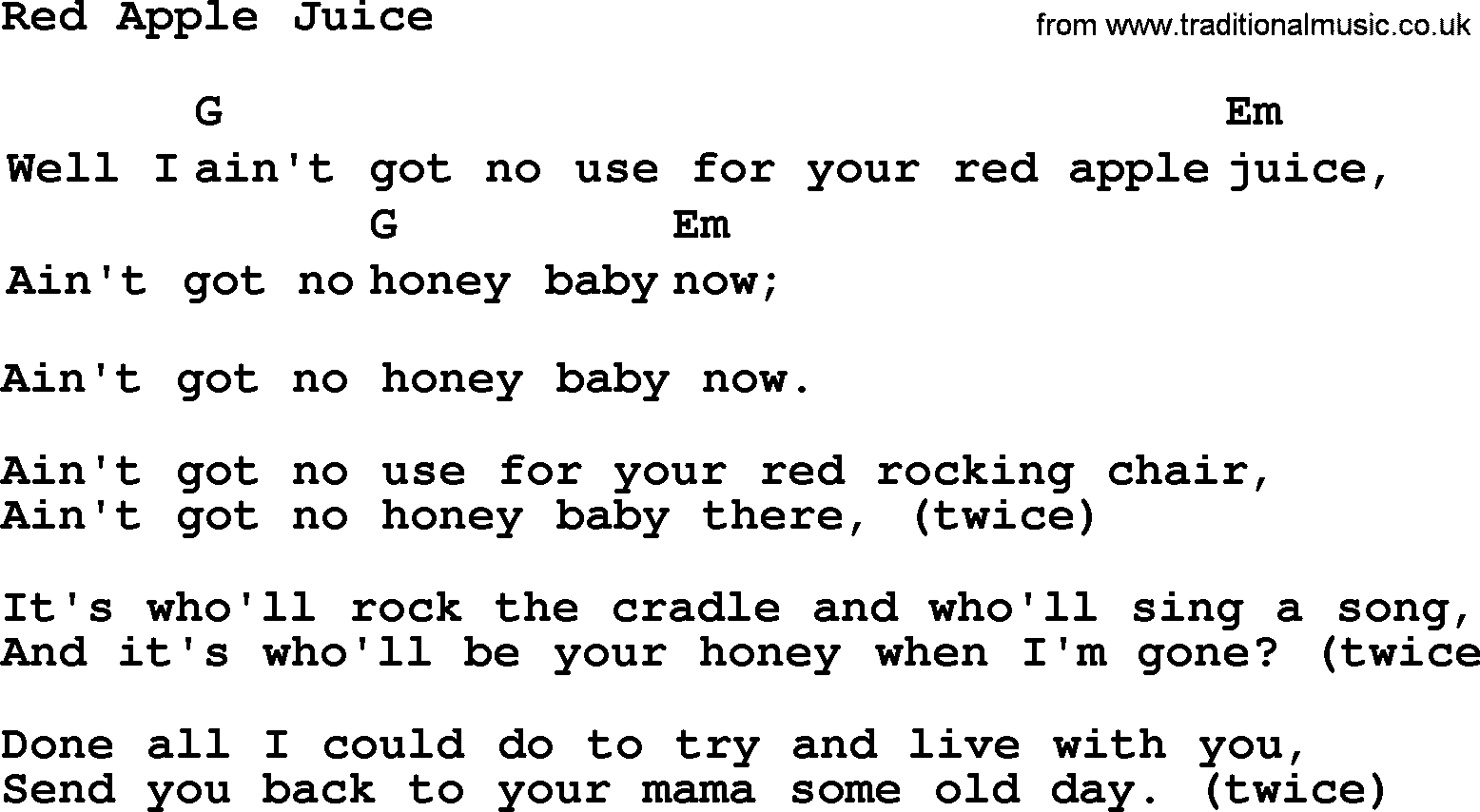 Top 1000 Most Popular Folk and Old-time Songs: Red Apple Juice, lyrics and chords