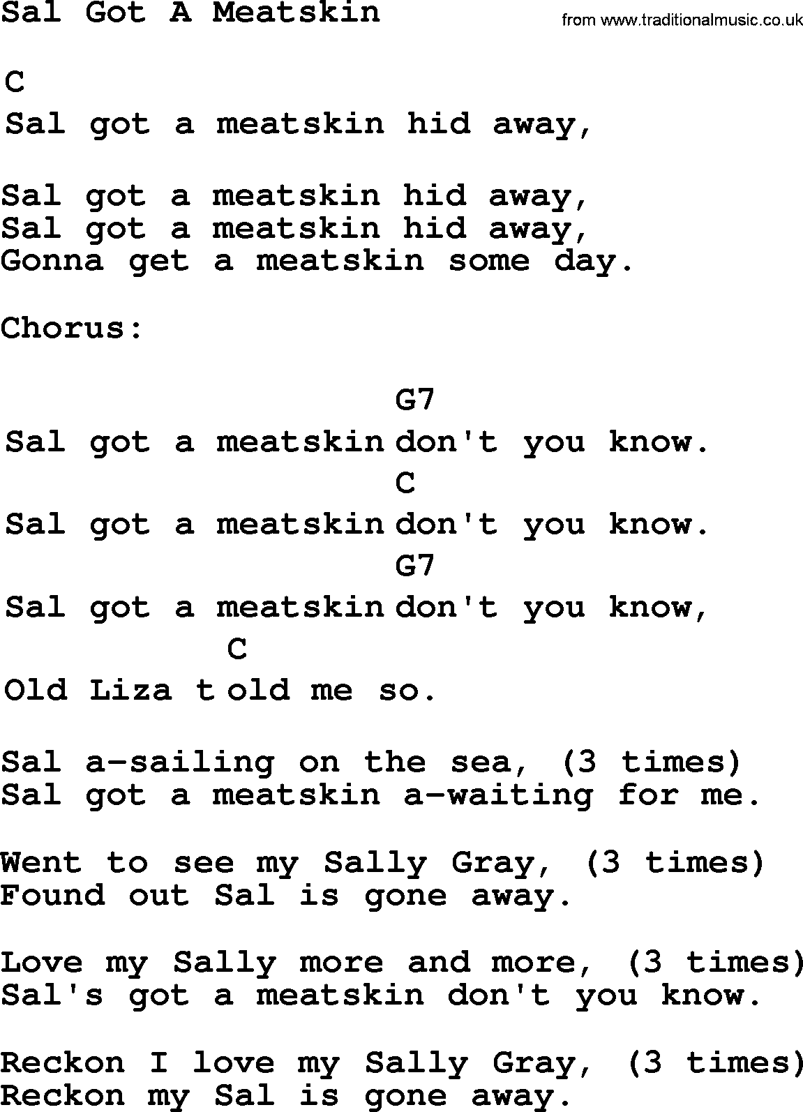 Top 1000 Most Popular Folk and Old-time Songs: Sal Got A Meatskin, lyrics and chords