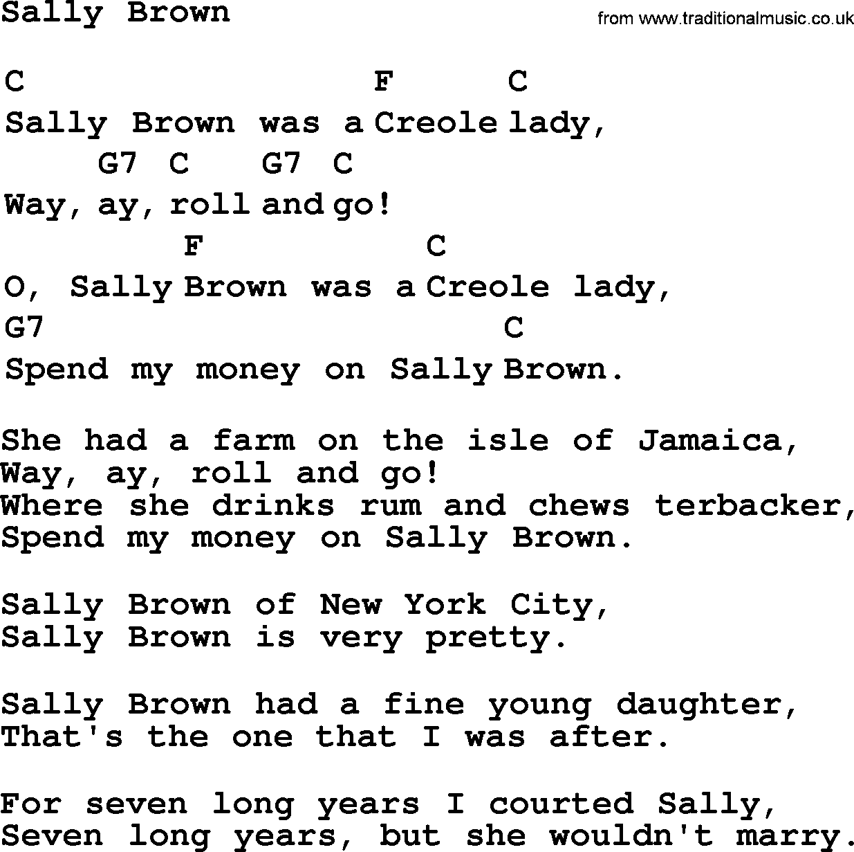 Top 1000 Most Popular Folk and Old-time Songs: Sally Brown, lyrics and chords