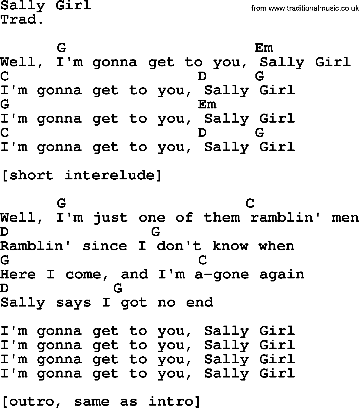 Top 1000 Most Popular Folk and Old-time Songs: Sally Girl, lyrics and chords
