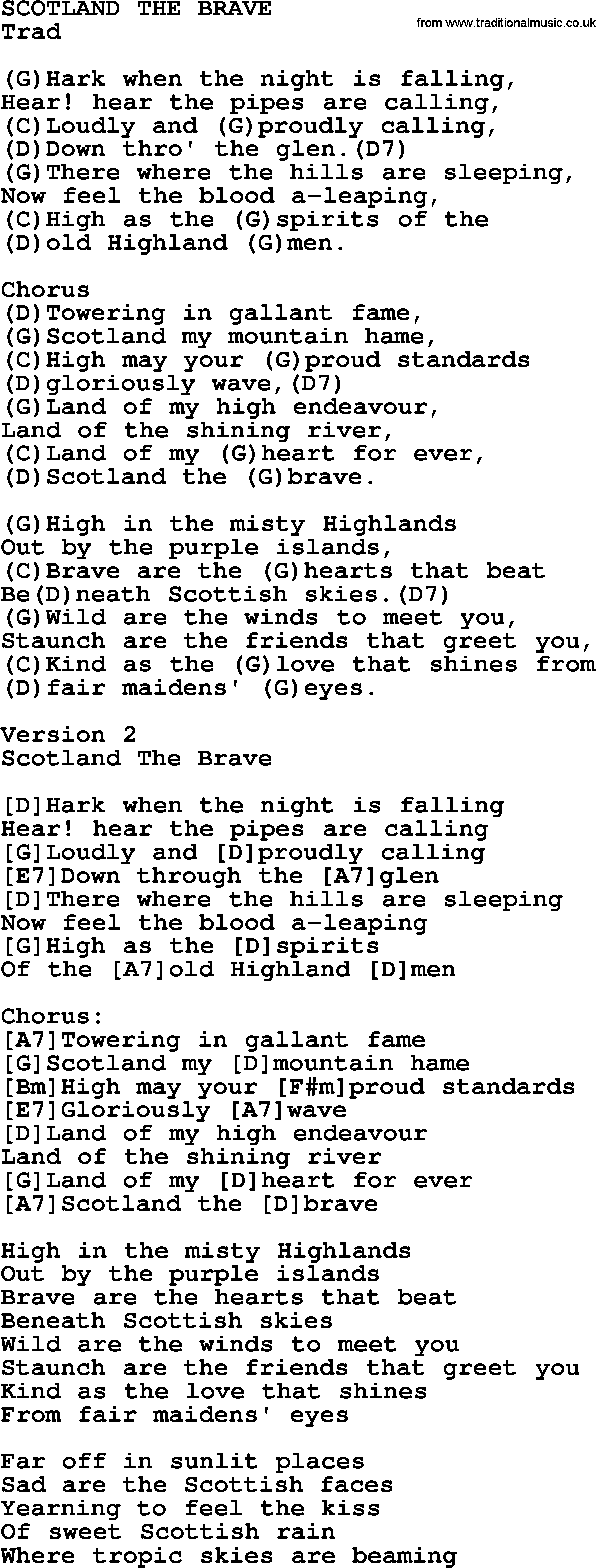 Top 1000 Most Popular Folk and Old-time Songs: Scotland The Brave, lyrics and chords