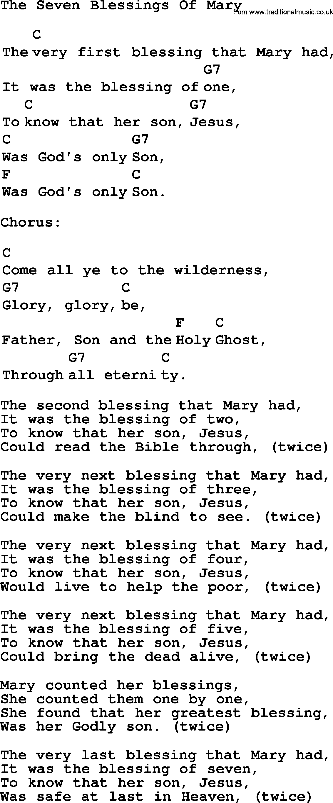 Top 1000 Most Popular Folk and Old-time Songs: Seven Blessings Of Mary, lyrics and chords