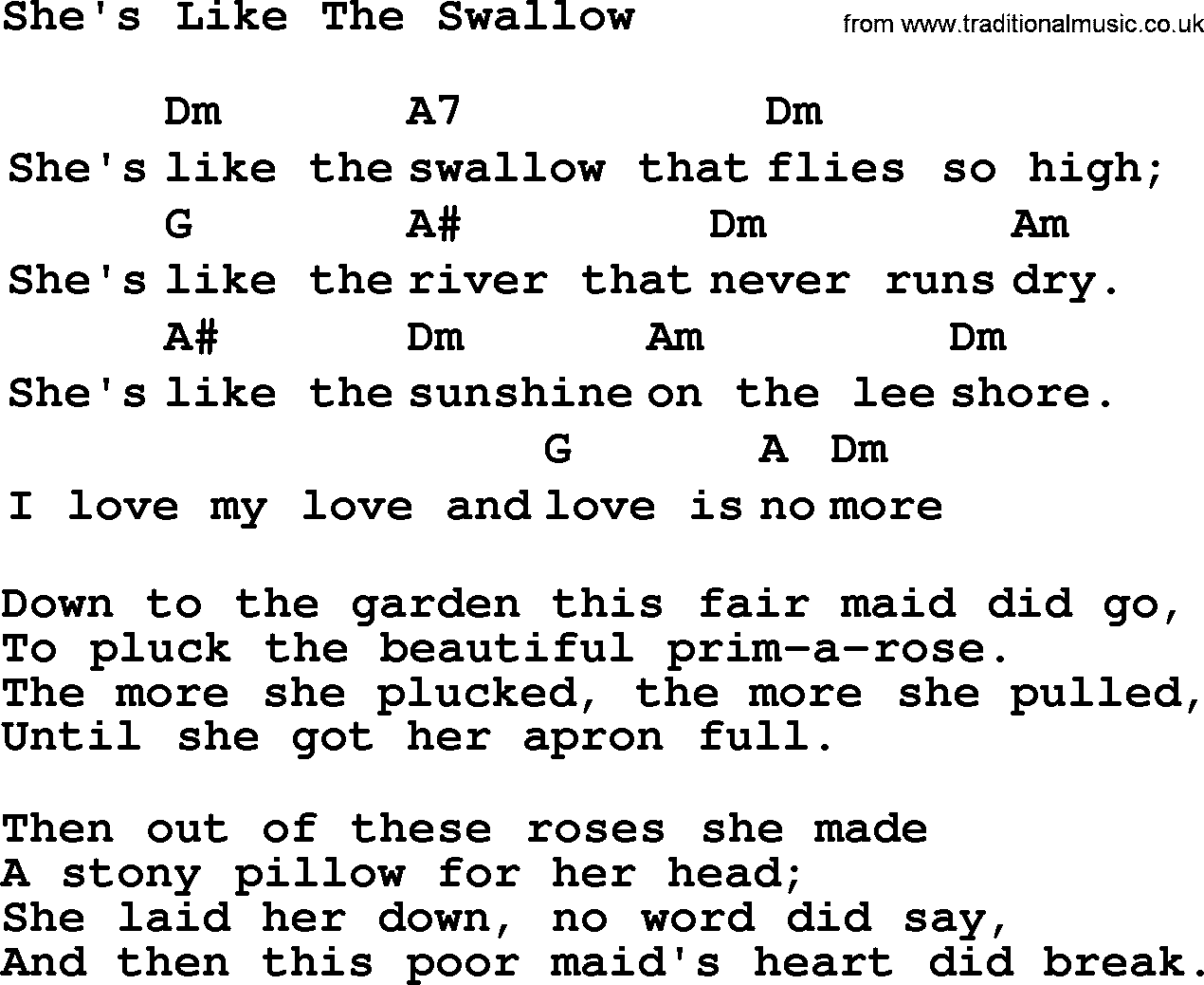 Top 1000 Most Popular Folk and Old-time Songs: Shes Like The Swallow, lyrics and chords