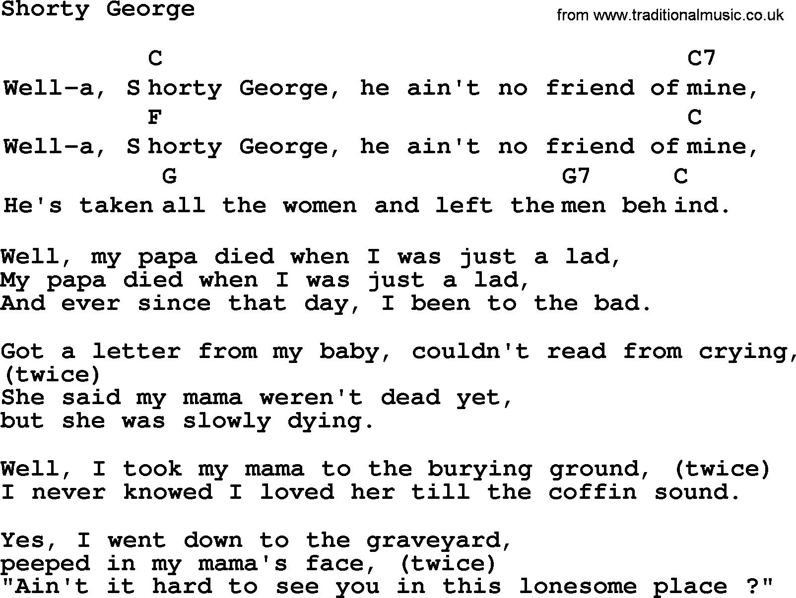 Top 1000 Most Popular Folk and Old-time Songs: Shorty George, lyrics and chords