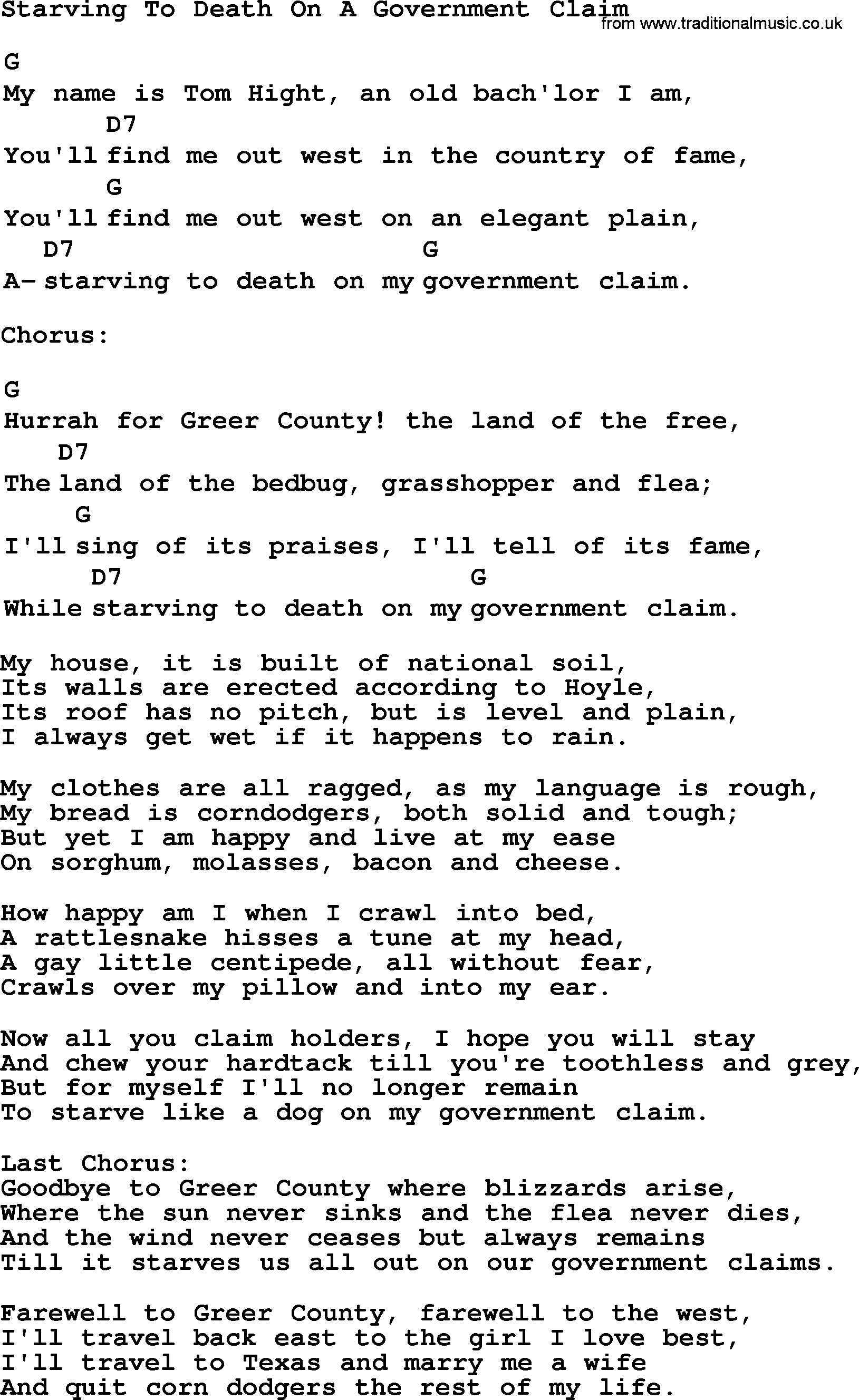 Top 1000 Most Popular Folk and Old-time Songs: Starving To Death On A Government Claim, lyrics and chords