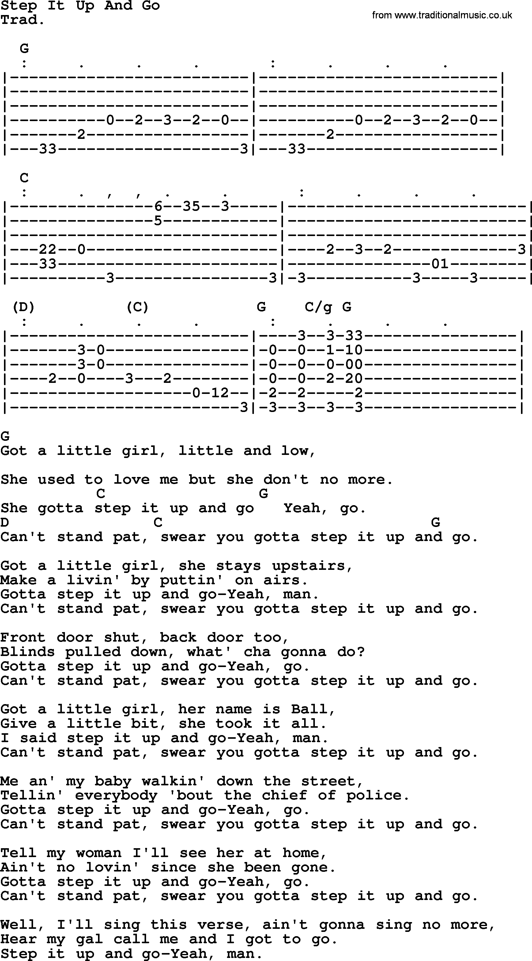 Top 1000 Most Popular Folk and Old-time Songs: Step It Up And Go, lyrics and chords