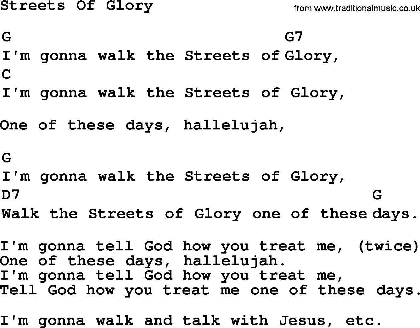Top 1000 Most Popular Folk and Old-time Songs: Streets Of Glory, lyrics and chords