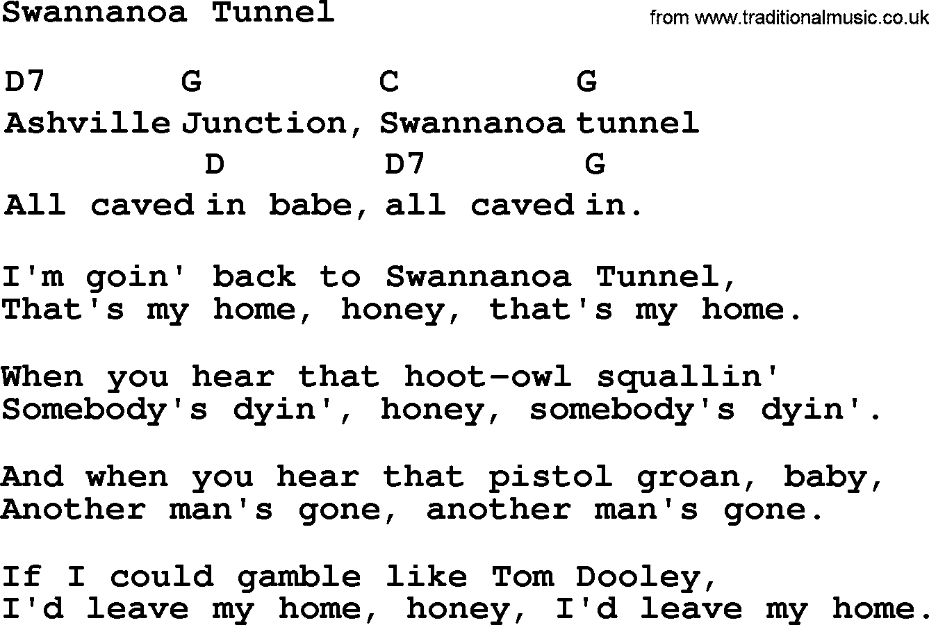 Top 1000 Most Popular Folk and Old-time Songs: Swannanoa Tunnel, lyrics and chords