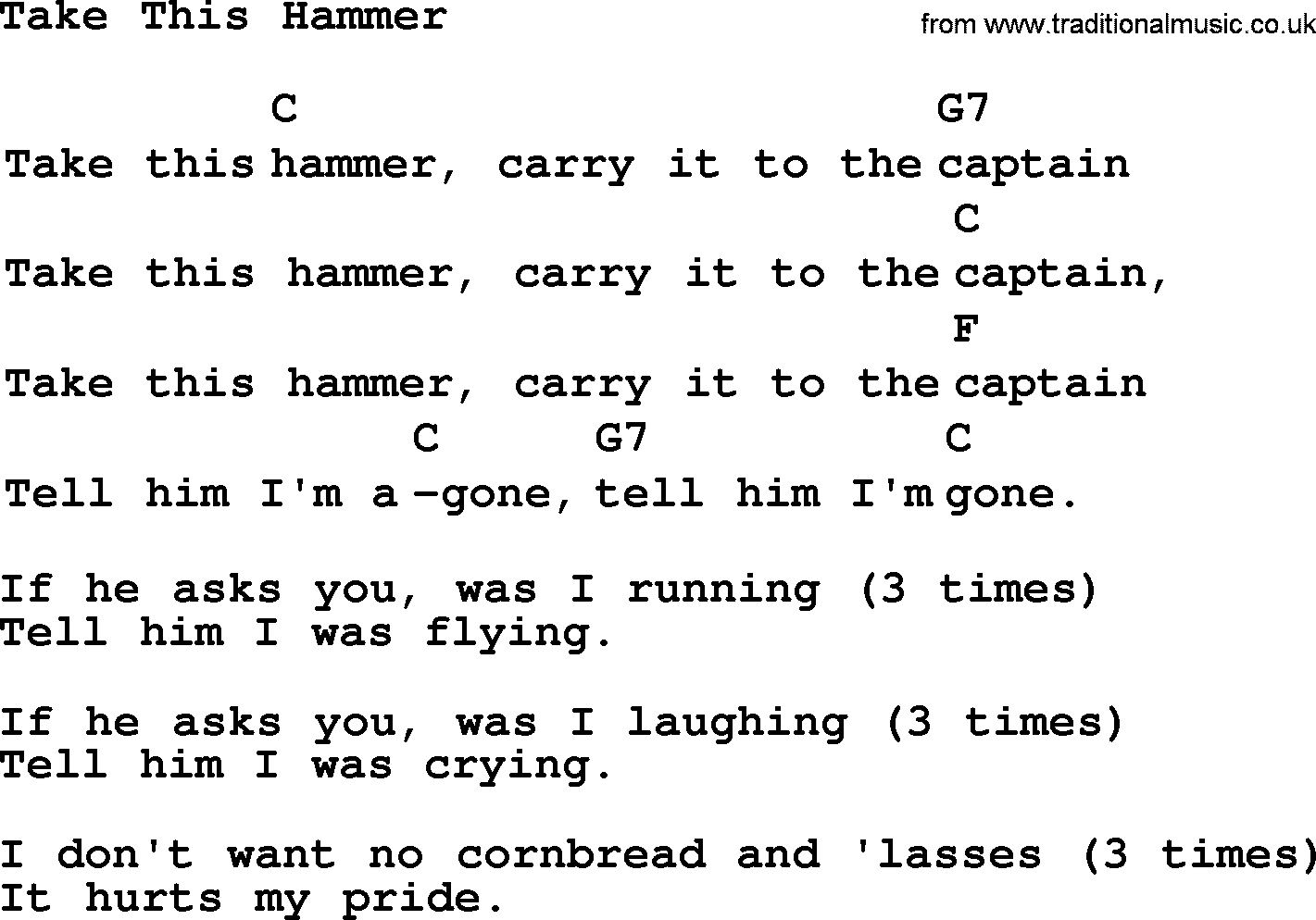 Top 1000 Most Popular Folk and Old-time Songs: Take This Hammer, lyrics and chords