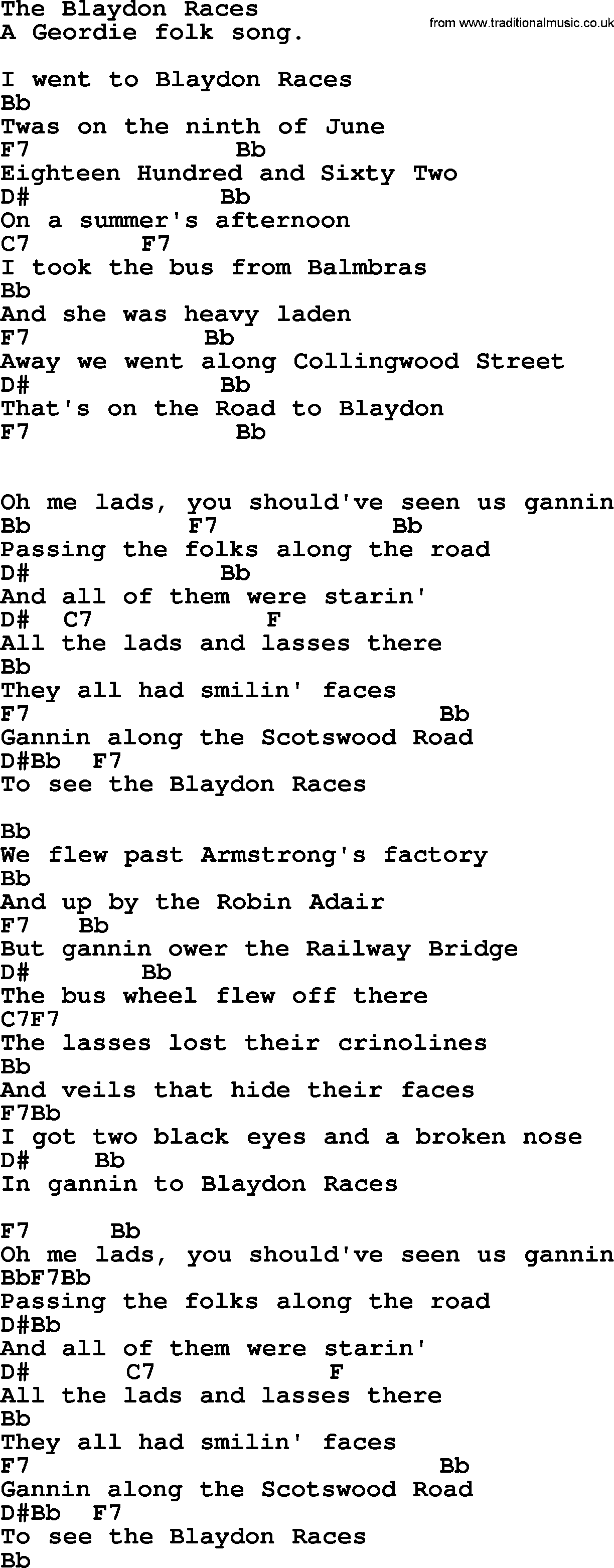 Top 1000 Most Popular Folk and Old-time Songs: The Blaydon Races, lyrics and chords