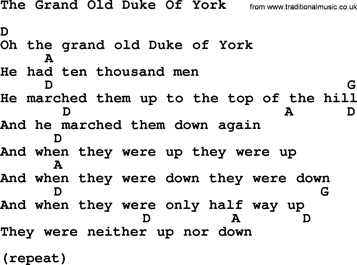 Top 1000 Most Popular Folk and Old-time Songs: The Grand Old Duke Of York, lyrics and chords
