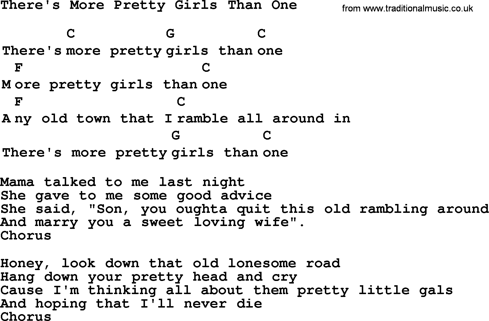 Top 1000 Most Popular Folk and Old-time Songs: Theres More Pretty Girls Than One, lyrics and chords