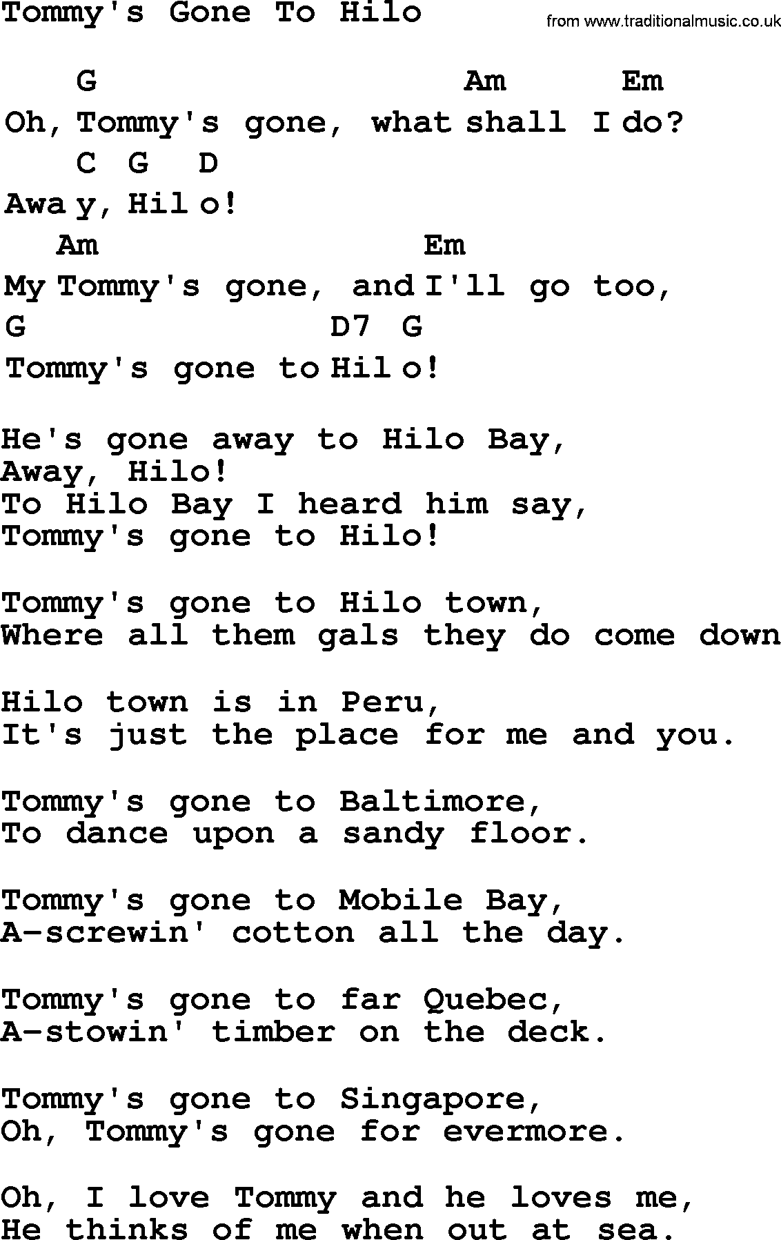 Top 1000 Most Popular Folk and Old-time Songs: Tommys Gone To Hilo, lyrics and chords
