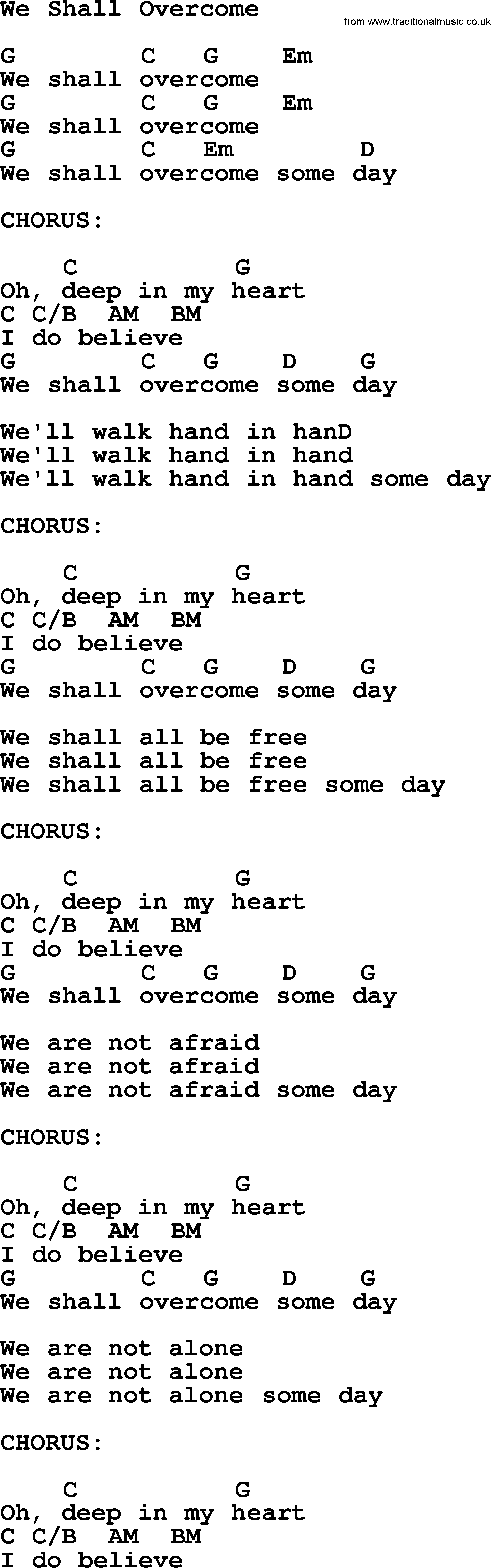Top 1000 Most Popular Folk and Old-time Songs: We Shall Overcome, lyrics and chords