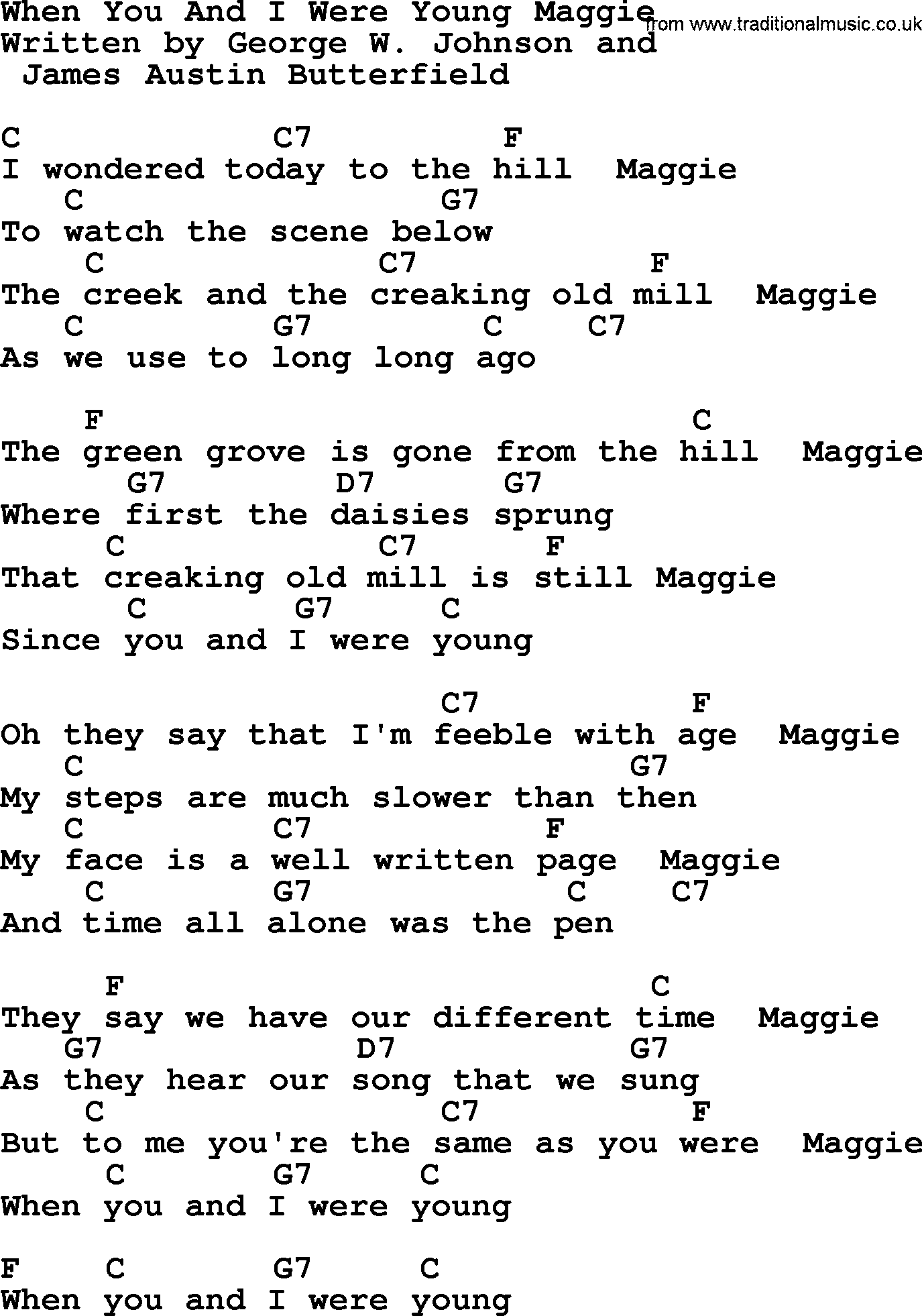 Top 1000 Most Popular Folk and Old-time Songs: When You And I Were Young Maggie, lyrics and chords
