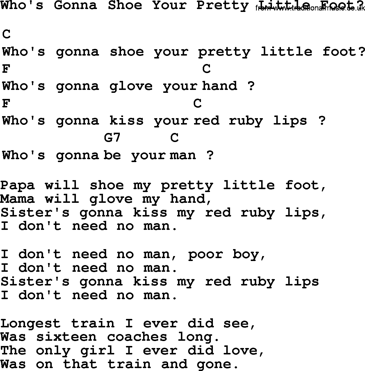 Top 1000 Most Popular Folk and Old-time Songs: Whos Gonna Shoe Your Pretty Little Foot, lyrics and chords