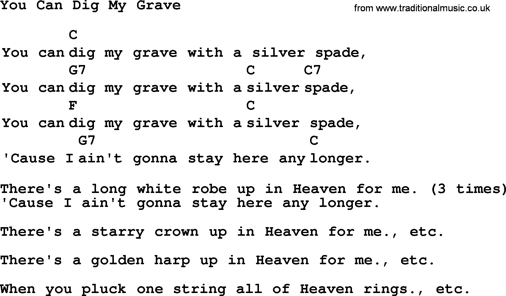 Top 1000 Most Popular Folk and Old-time Songs: You Can Dig My Grave, lyrics and chords