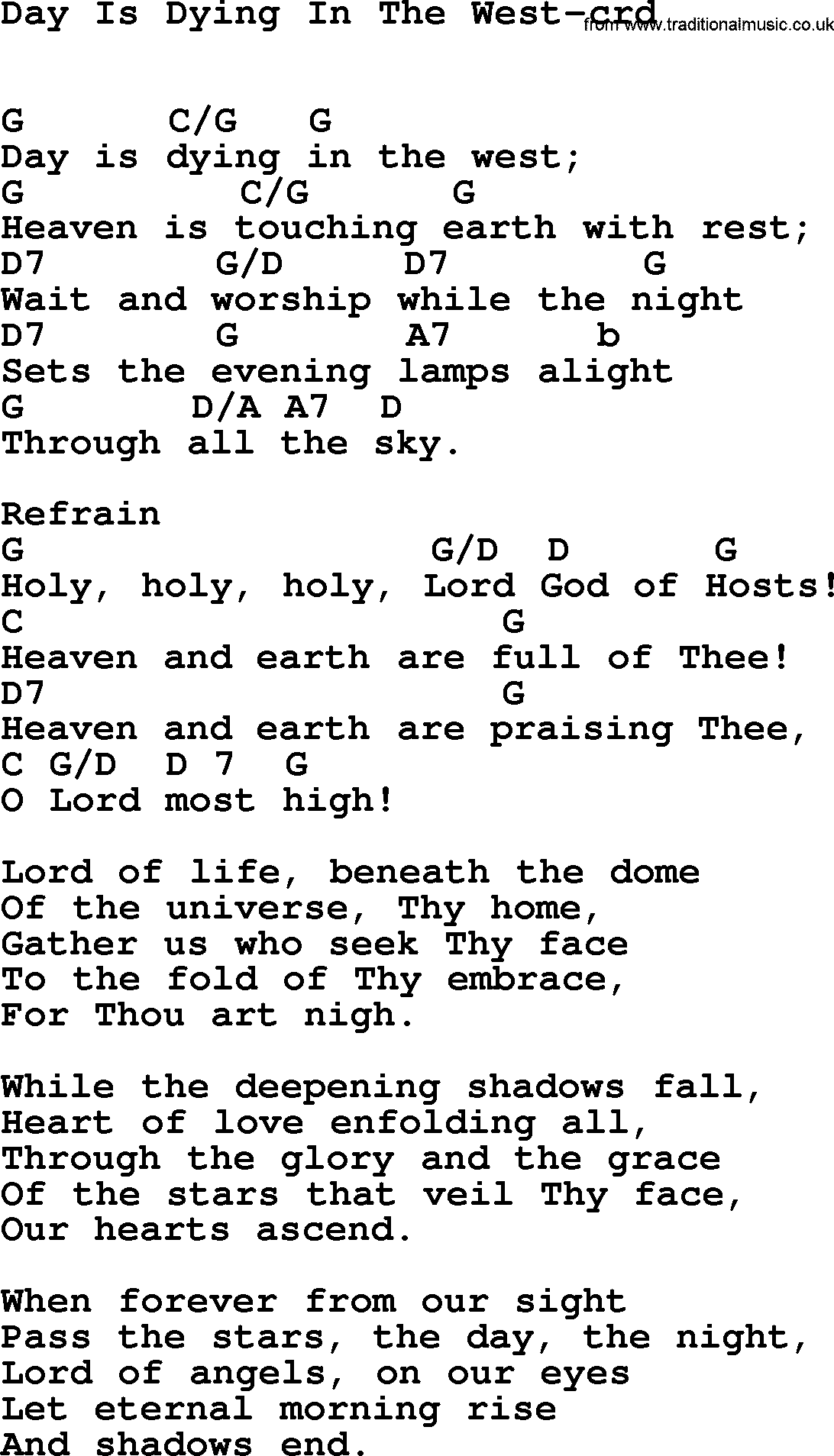 Top 500 Hymn: Day Is Dying In The West, lyrics and chords