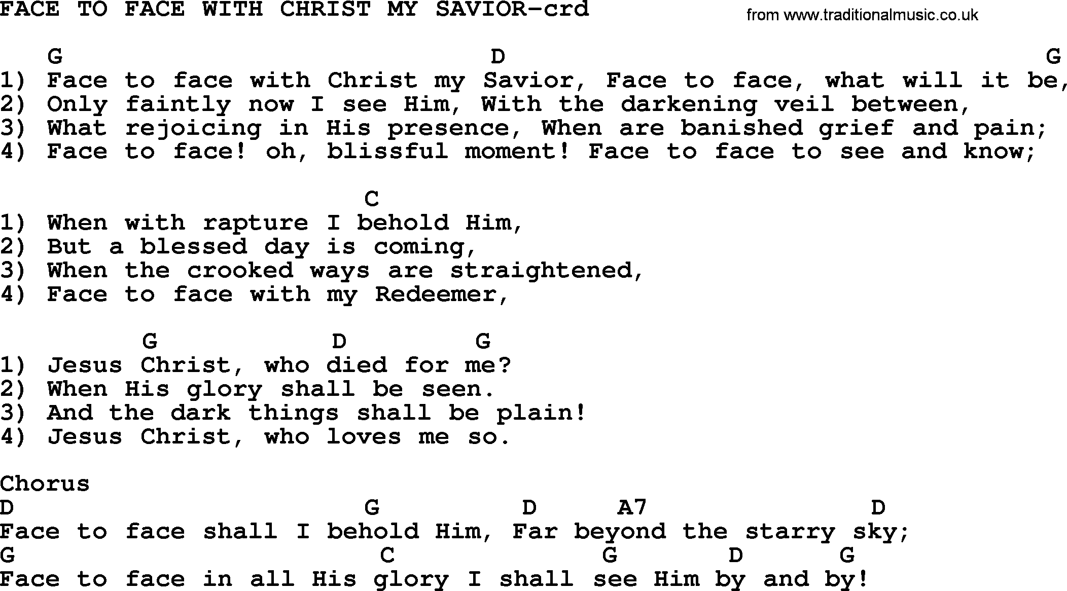Top 500 Hymn: Face To Face With Christ My Savior, lyrics and chords