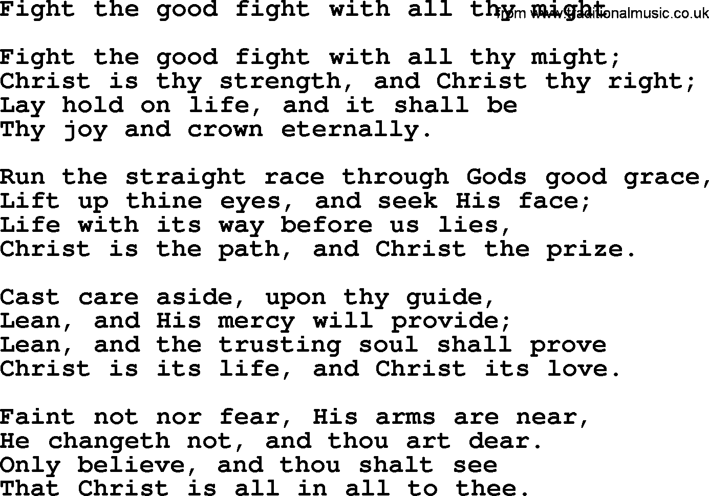 Top 500 Hymn: Fight The Good Fight With All Thy Might, lyrics