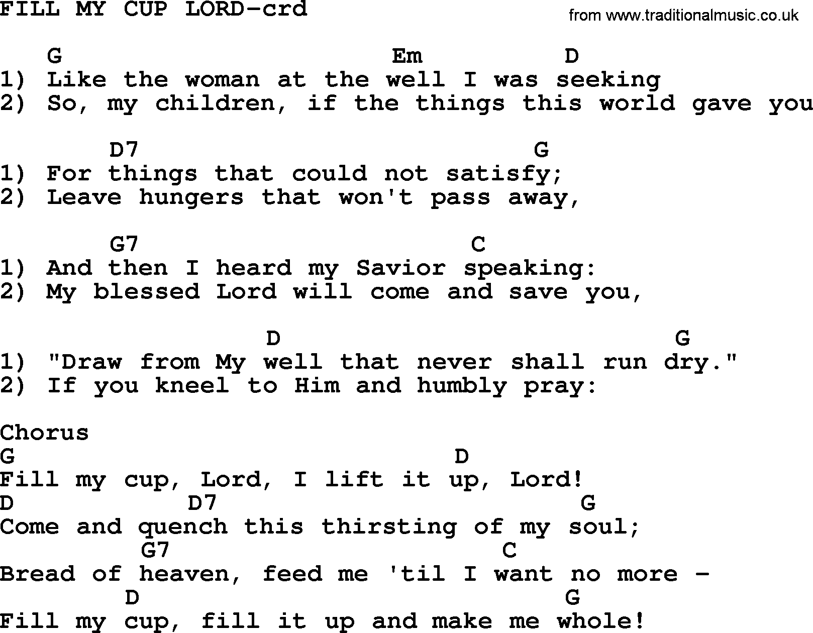 Top 500 Hymn: Fill My Cup Lord, lyrics and chords