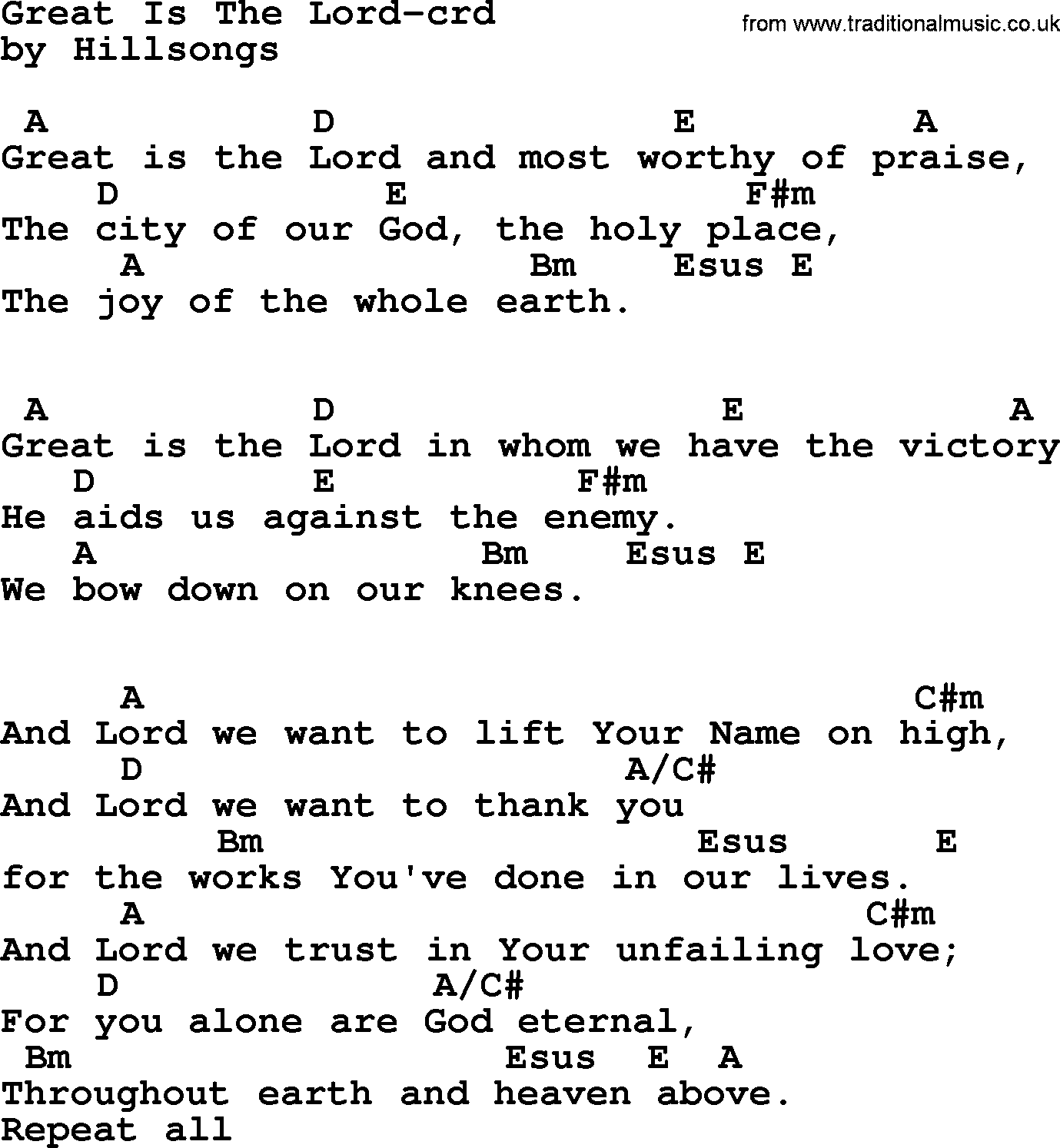 Top 500 Hymn: Great Is The Lord, lyrics and chords