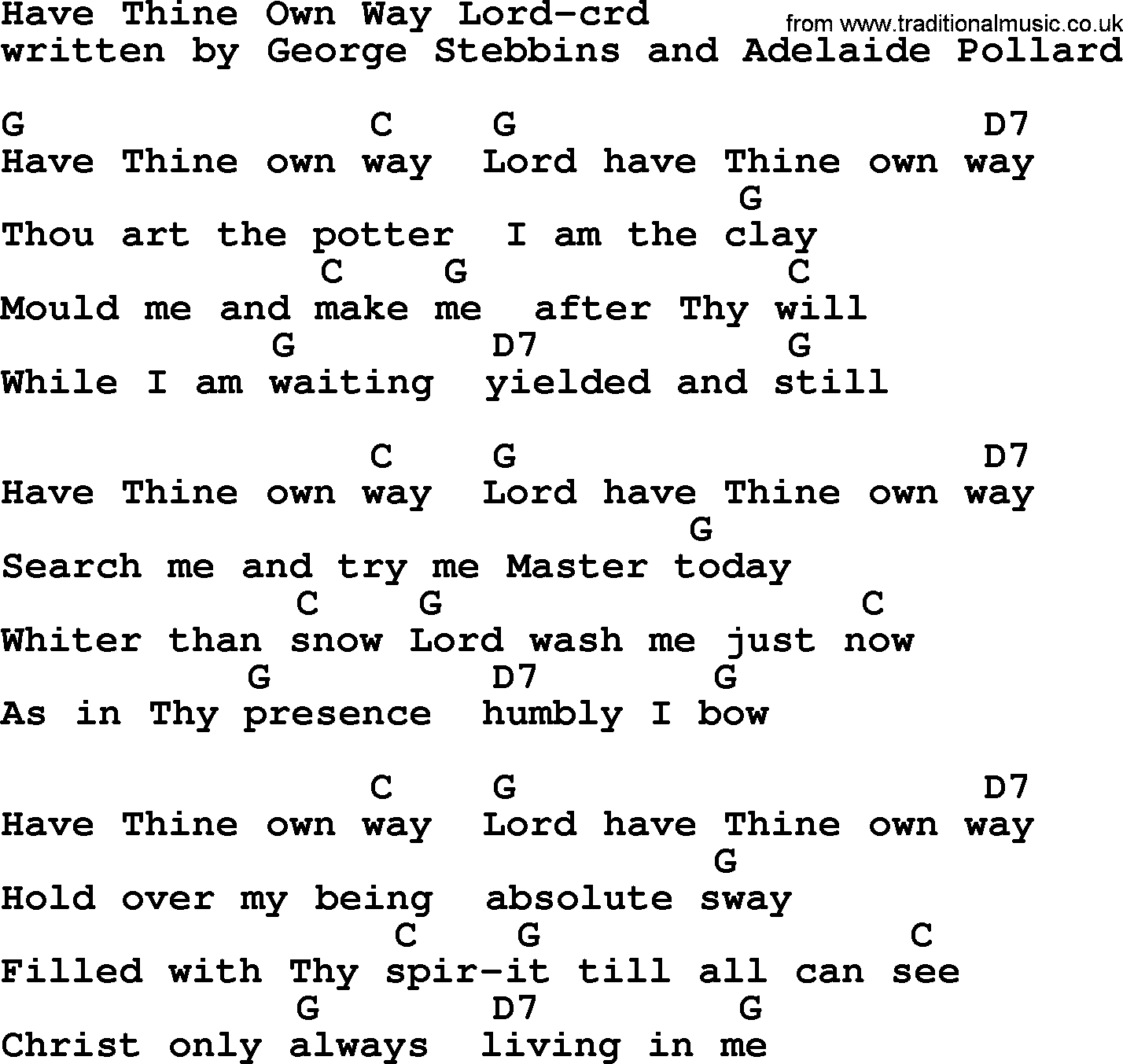 Top 500 Hymn: Have Thine Own Way Lord, lyrics and chords