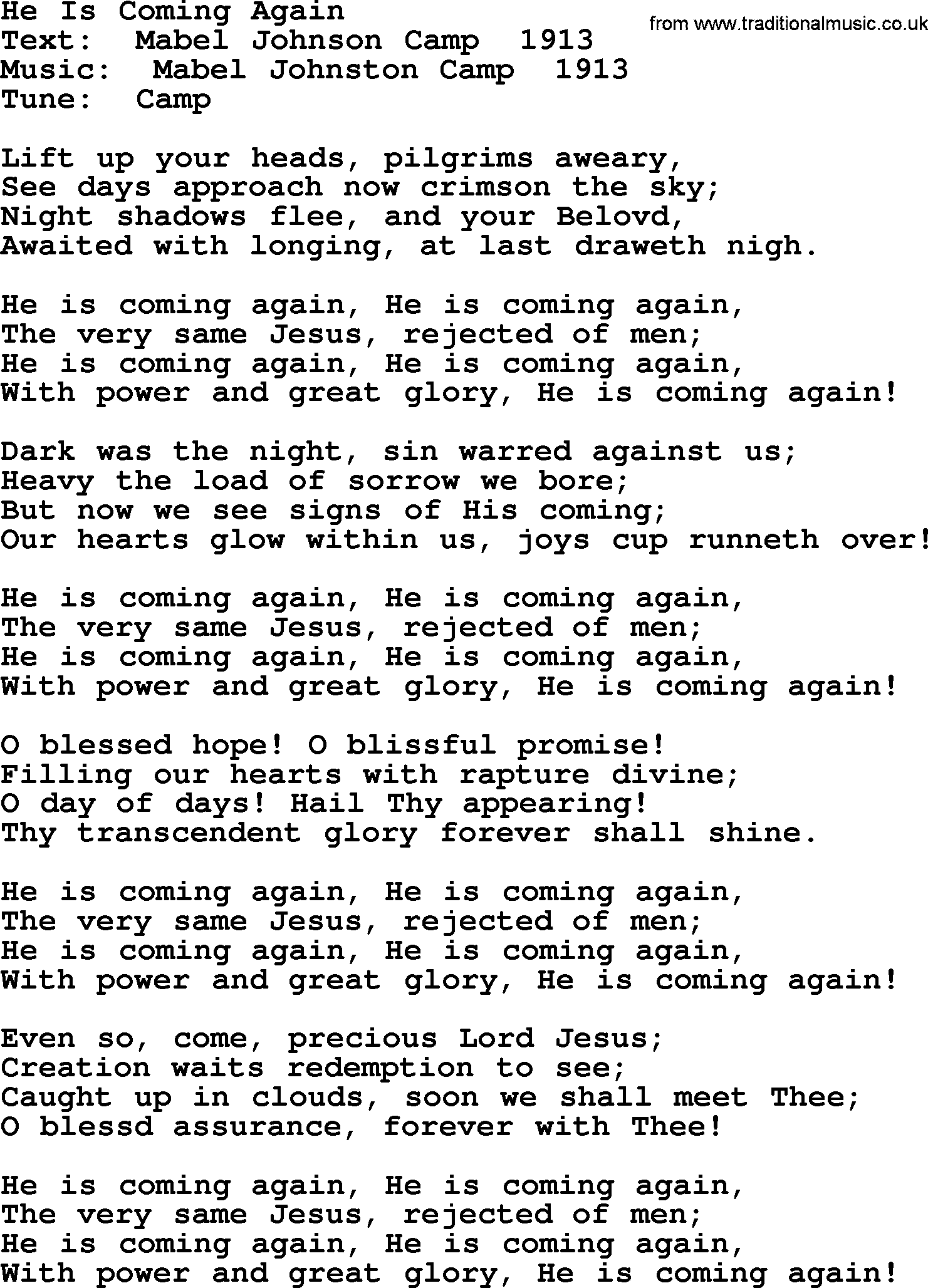 Top 500 Hymn: He Is Coming Again, lyrics
