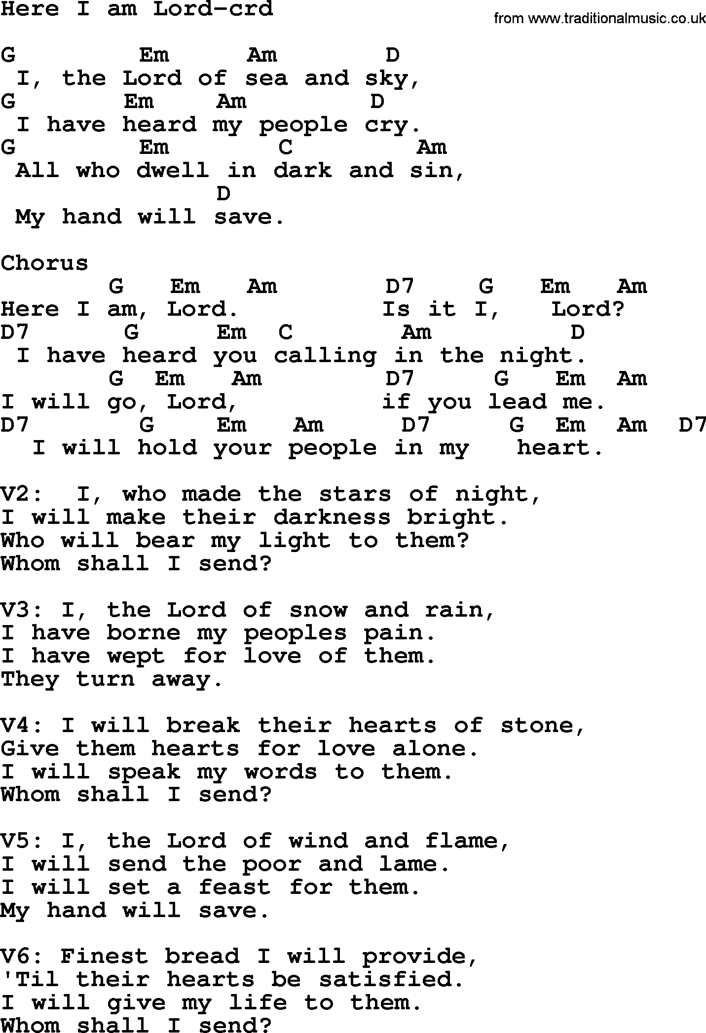 Top 500 Hymn: Here I Am Lord, lyrics and chords