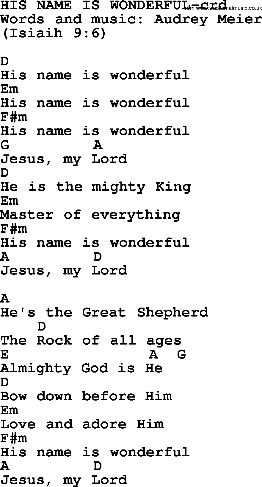 Top 500 Hymn: His Name Is Wonderful, lyrics and chords