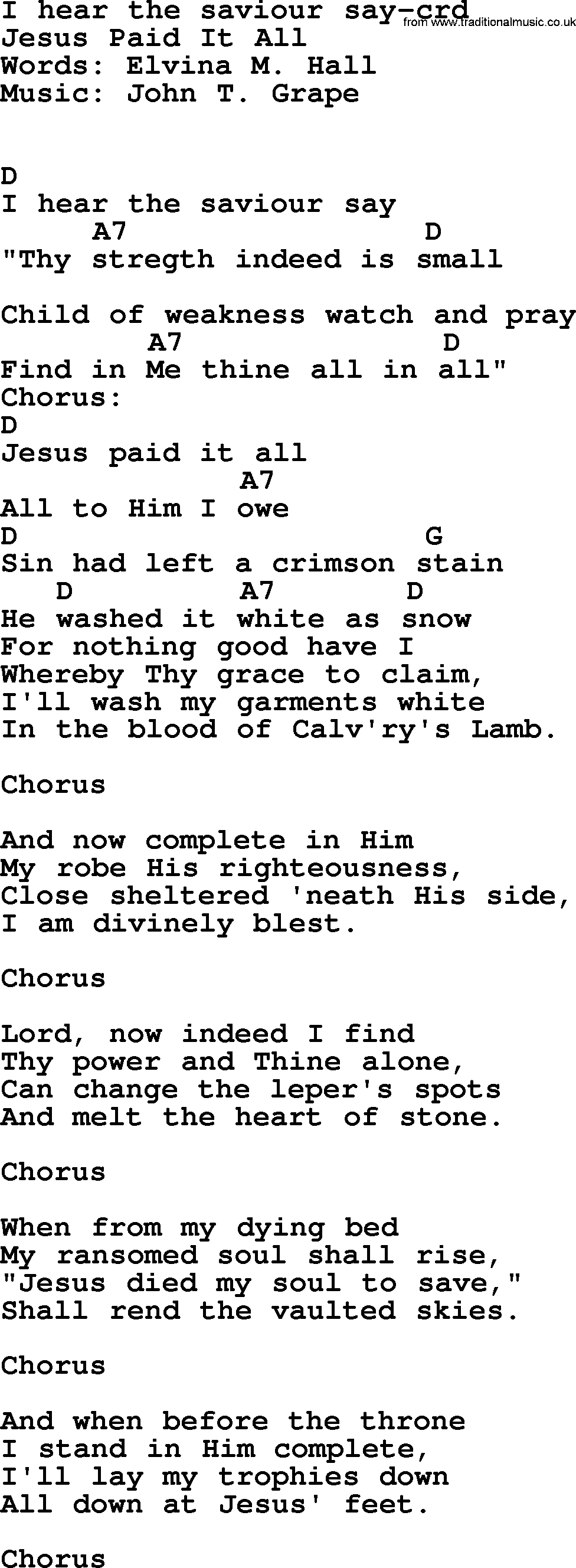Top 500 Hymn: I Hear The Saviour Say, lyrics and chords