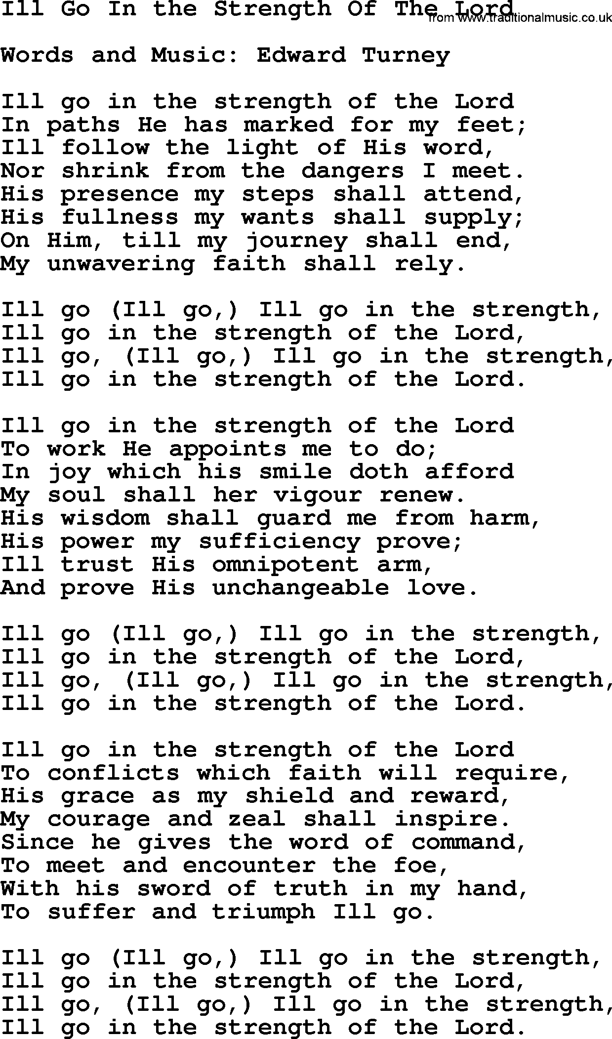 Top 500 Hymn: I'll Go In The Strength Of The Lord, lyrics