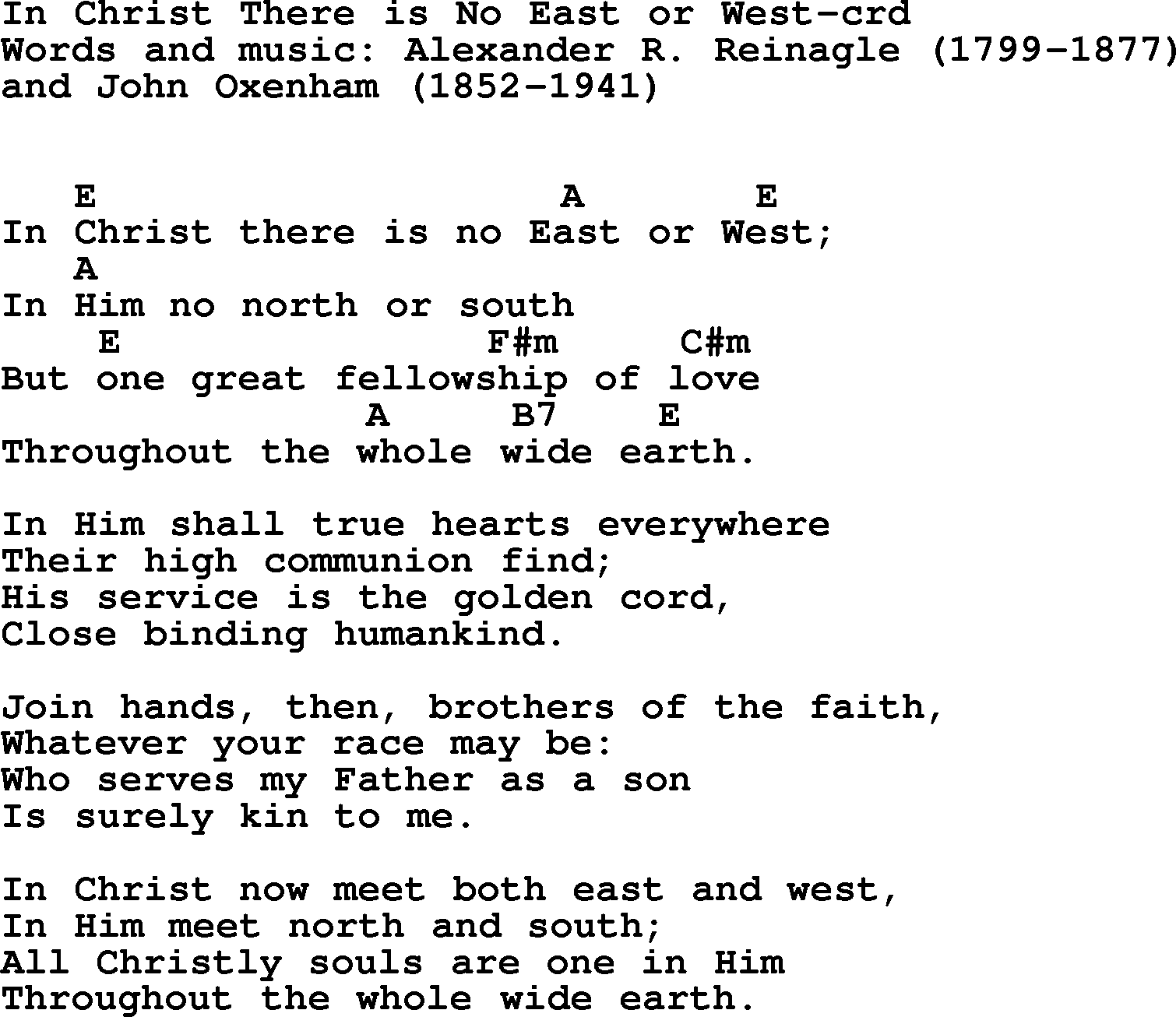 Top 500 Hymn: In Christ There Is No East Or West, lyrics and chords