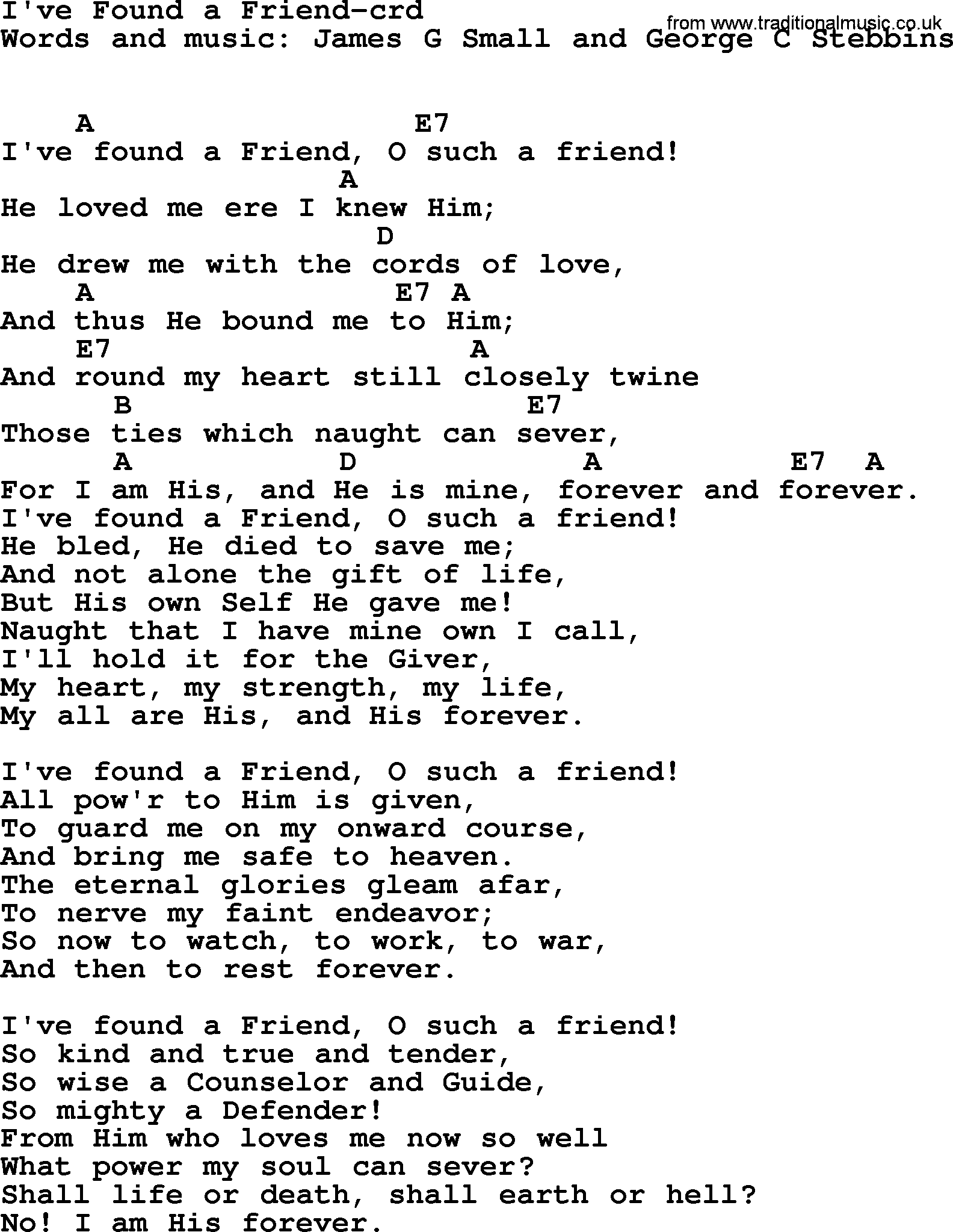 Top 500 Hymn: I've Found A Friend, lyrics and chords