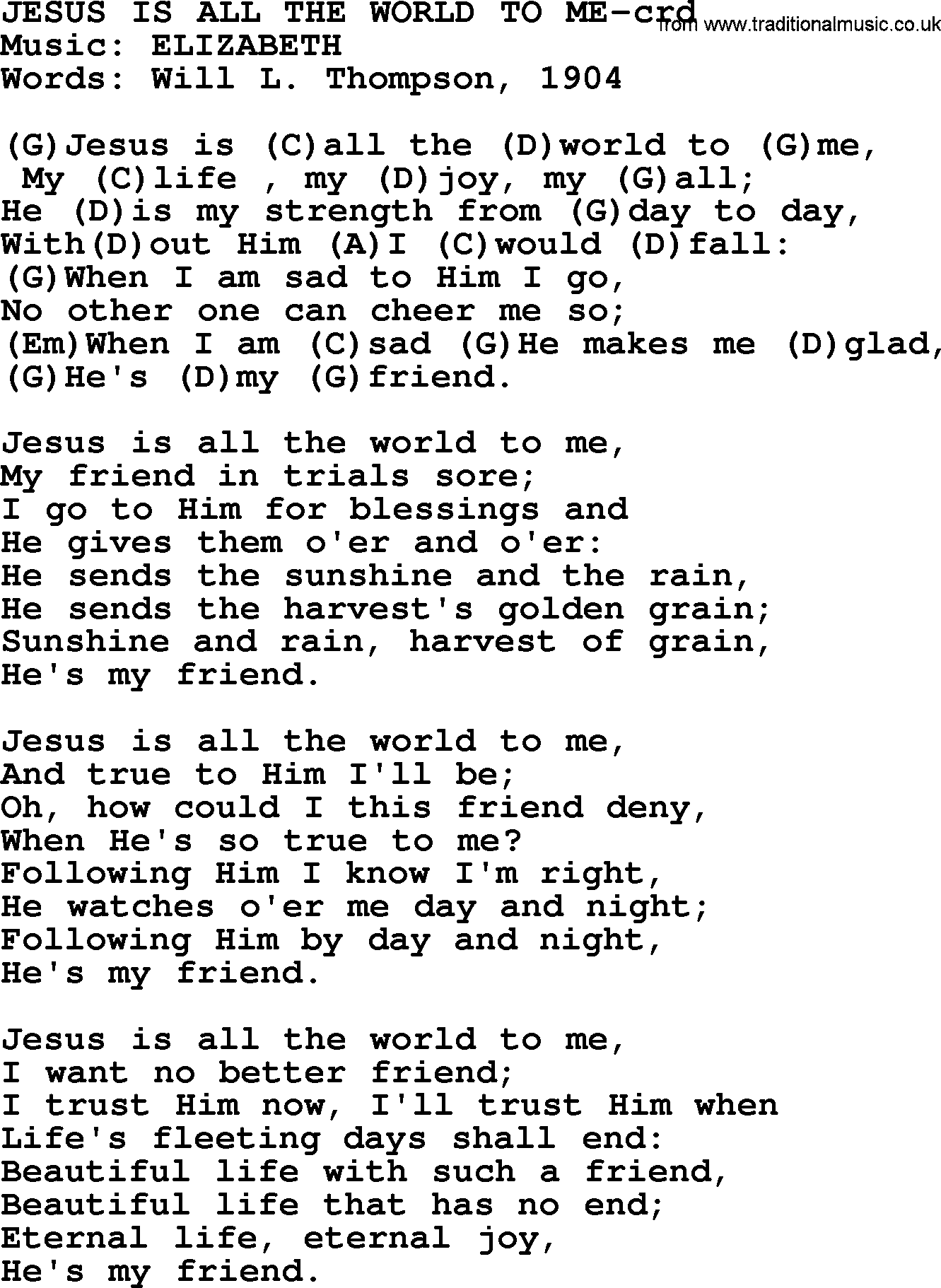 Top 500 Hymn: Jesus Is All The World To Me, lyrics and chords