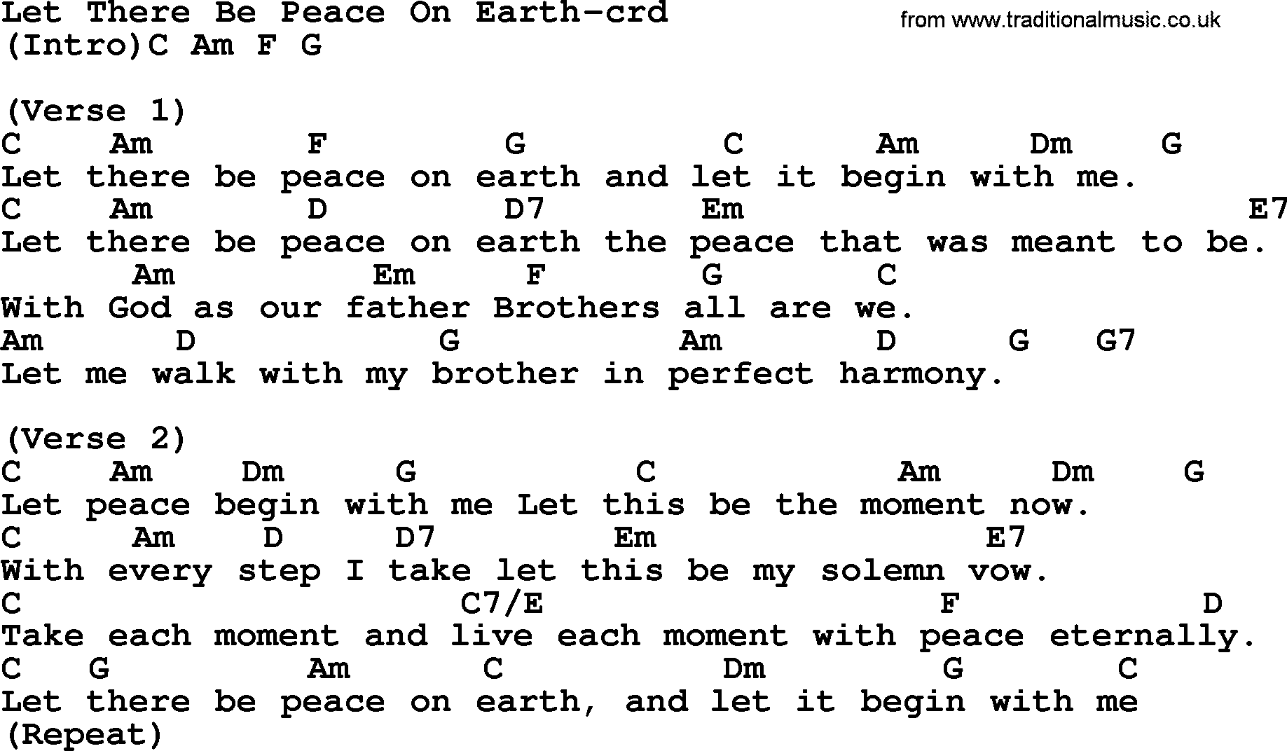 Top 500 Hymn Let There Be Peace On Earth lyrics, chords and PDF